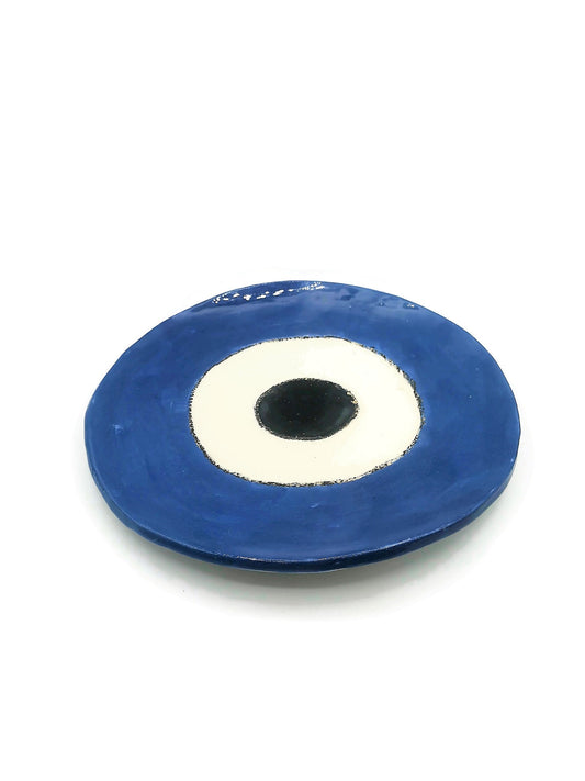 Handmade Ceramic Blue Evil Eye Decorative Plate For Display, Custom 9th anniversary gift for wife, Portuguese wall decor living room - Ceramica Ana Rafael