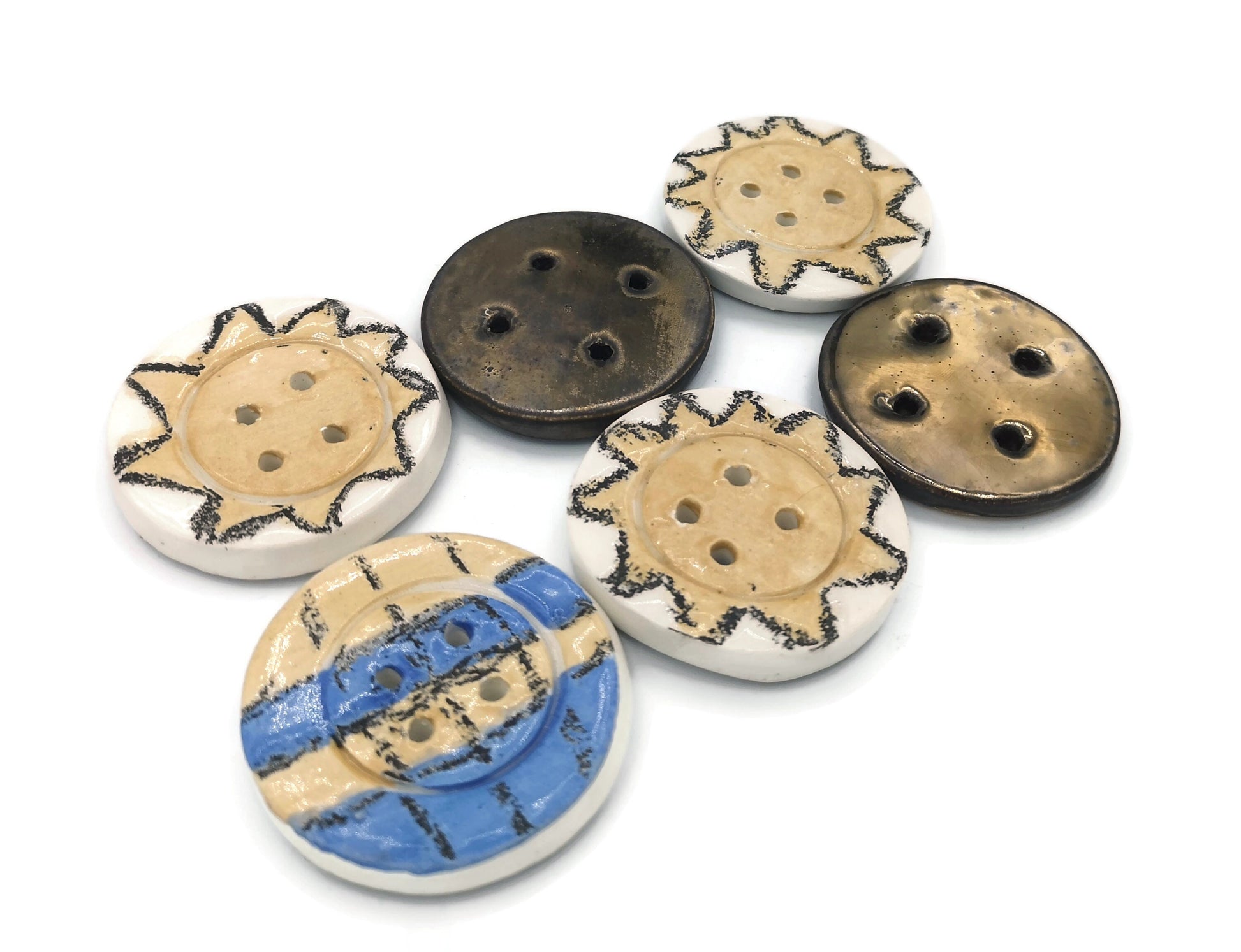 Set Of 6 Hand Painted Flat Buttons, Sun Buttons Sewing Supplies And Notions, Handmade Ceramic Strange And Unusual Metal Buttons - Ceramica Ana Rafael