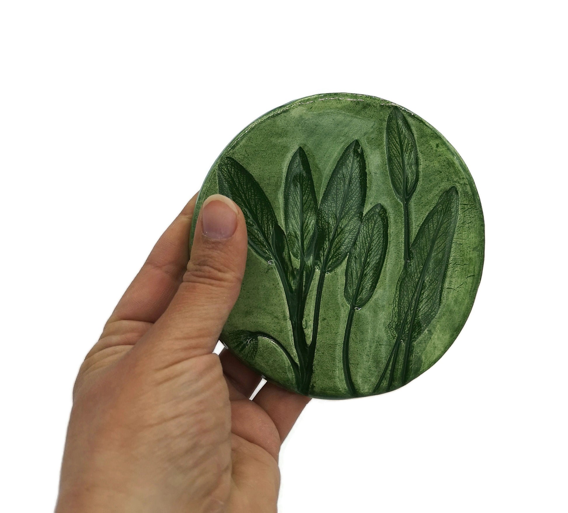 3Pcs Round Botanical Handmade Ceramic Coasters Set, Green Modern Coffee Coaster For Office Desk Accessories, Housewarming Gift For Men - Ceramica Ana Rafael