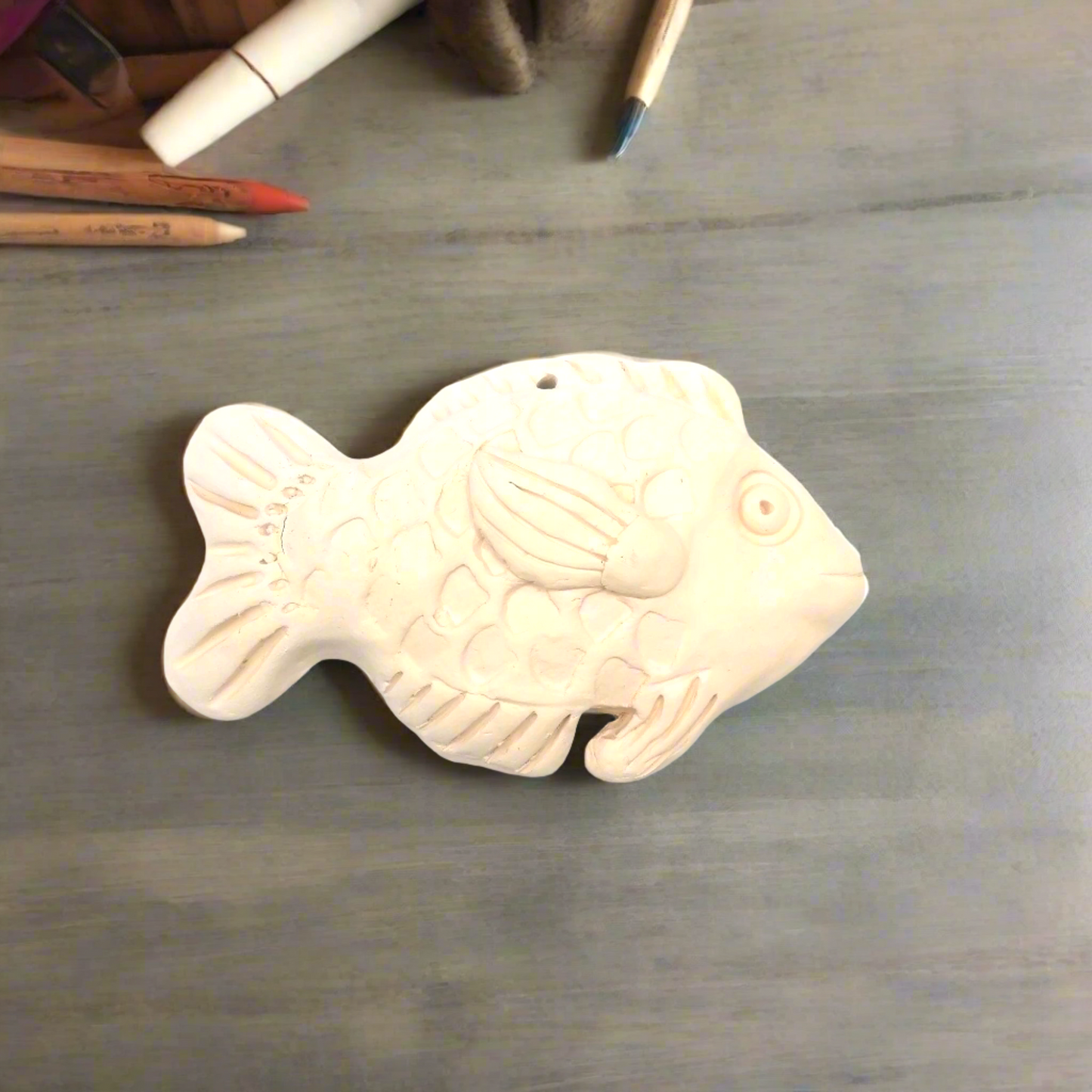 Handmade Ceramic Fish – 20cm Unpainted Bisque Wall Hanging – Ocean-Inspired Art