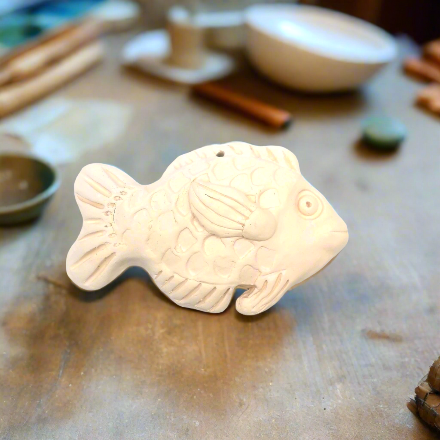 Handmade Ceramic Fish – 20cm Unpainted Bisque Wall Hanging – Ocean-Inspired Art