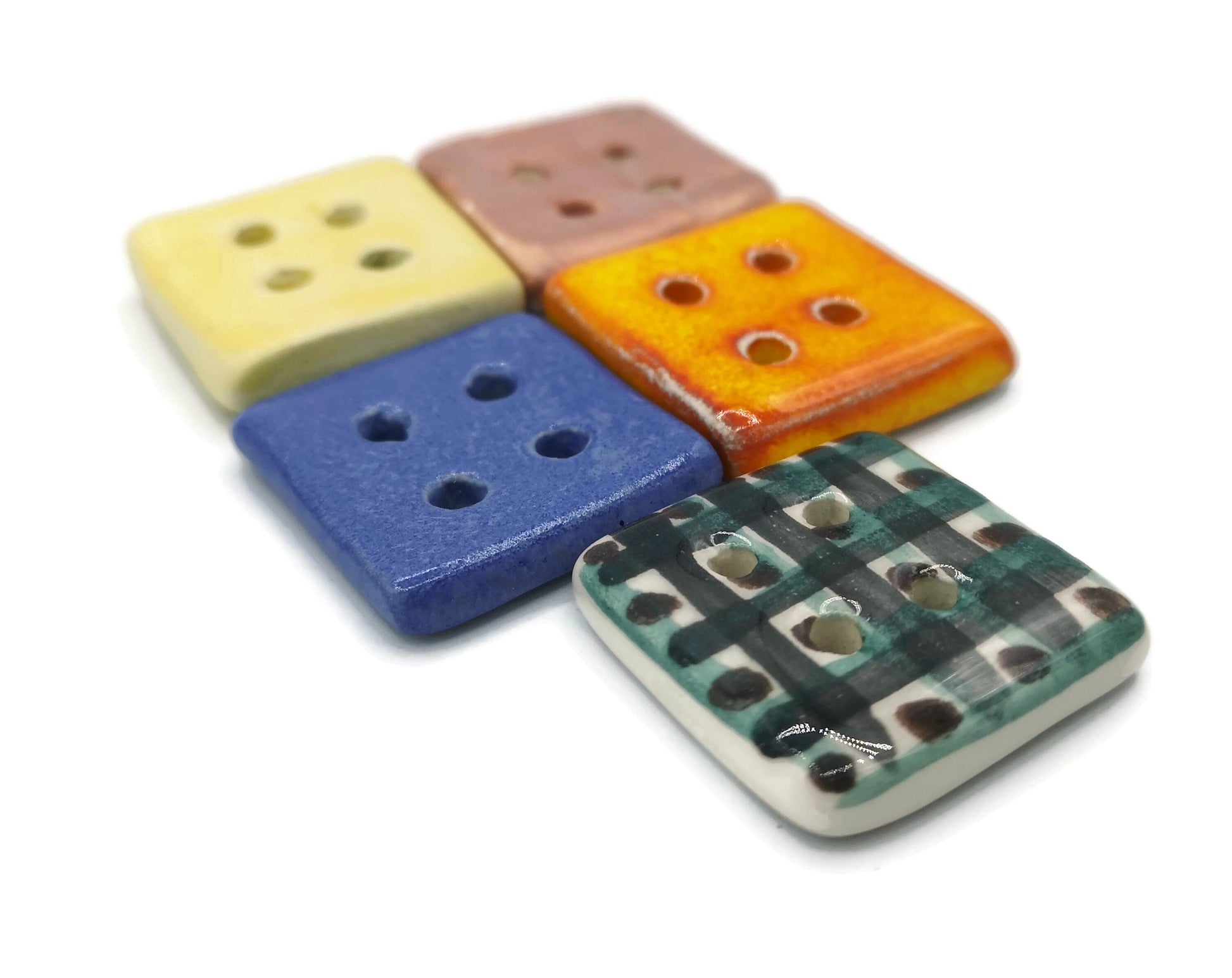 5Pc 30mm Extra Large Sewing Buttons Square Shape 4 Holes Flat Back, Unique Colorful Handmade Ceramic Buttons With Hand Painted Glossy Glaze - Ceramica Ana Rafael