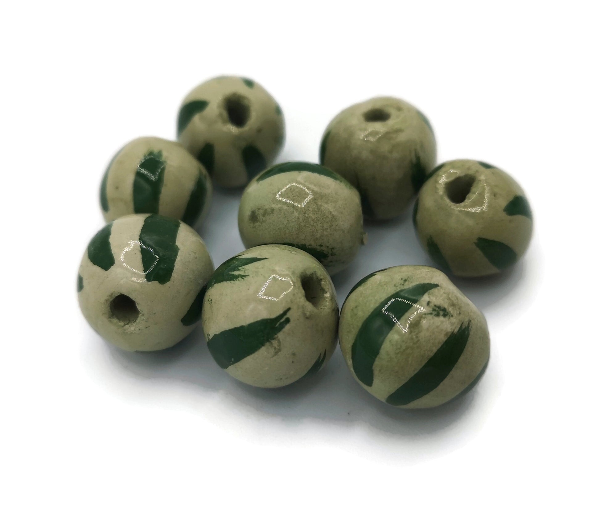 Round Ceramic Beads, Set Of 8 Craft Beads For Jewelry Making, Unique Decorative Clay Beads, Green Macrame Beads, Sacer Beads - Ceramica Ana Rafael