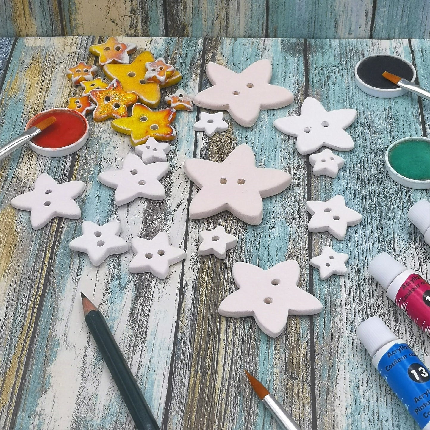 Blank Star Sewing Buttons, Unpainted Handmade Ceramic Bisque Ready To Paint, best sellers celestial buttons for favors ornaments - Ceramica Ana Rafael