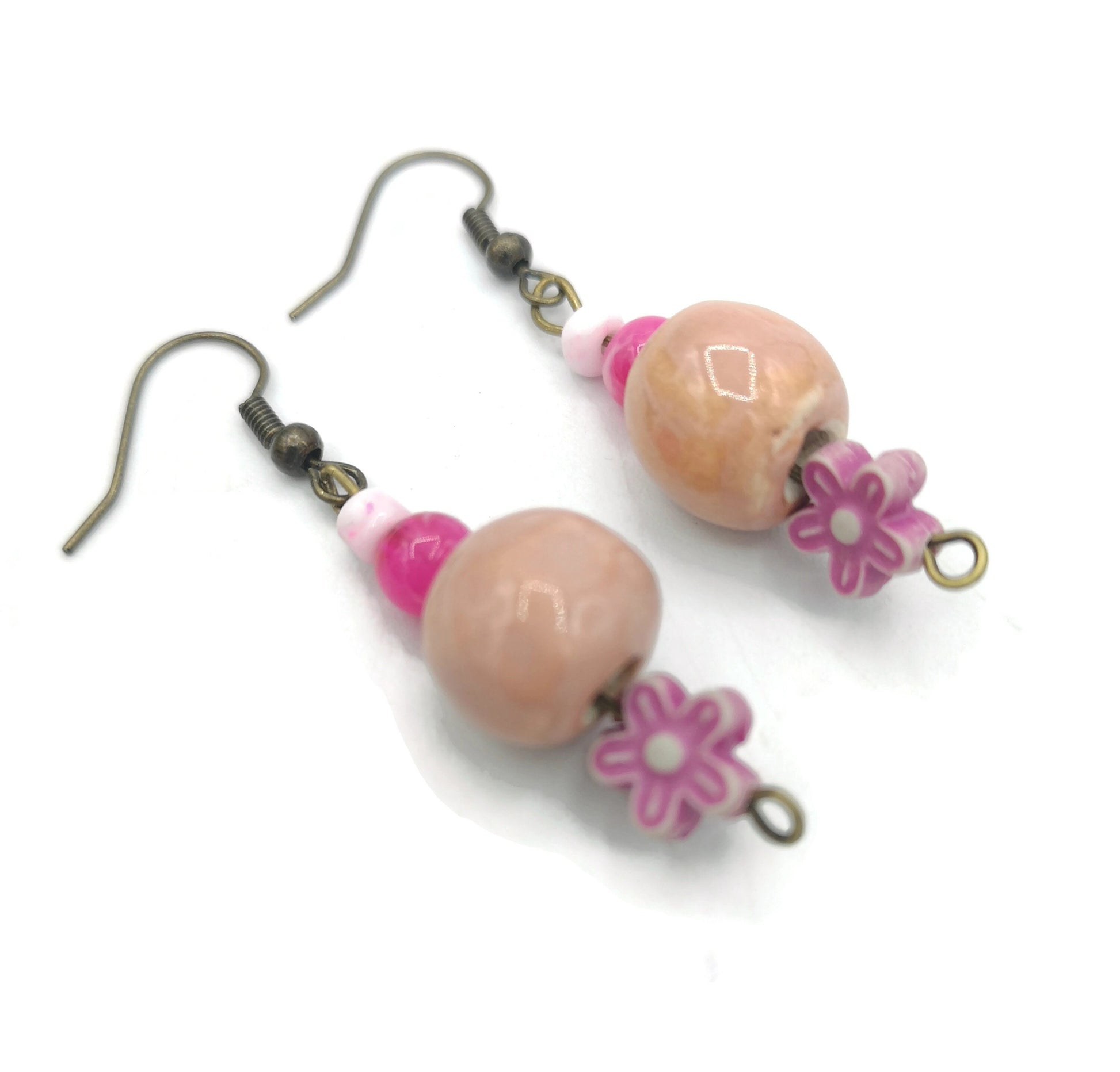 Pink Dangle Earrings, Novelty Earrings, Cute Ceramic Jewelry, Aesthetic Artsy Earrings For Teenage Girl, Teen Girl Gift Ideas - Ceramica Ana Rafael
