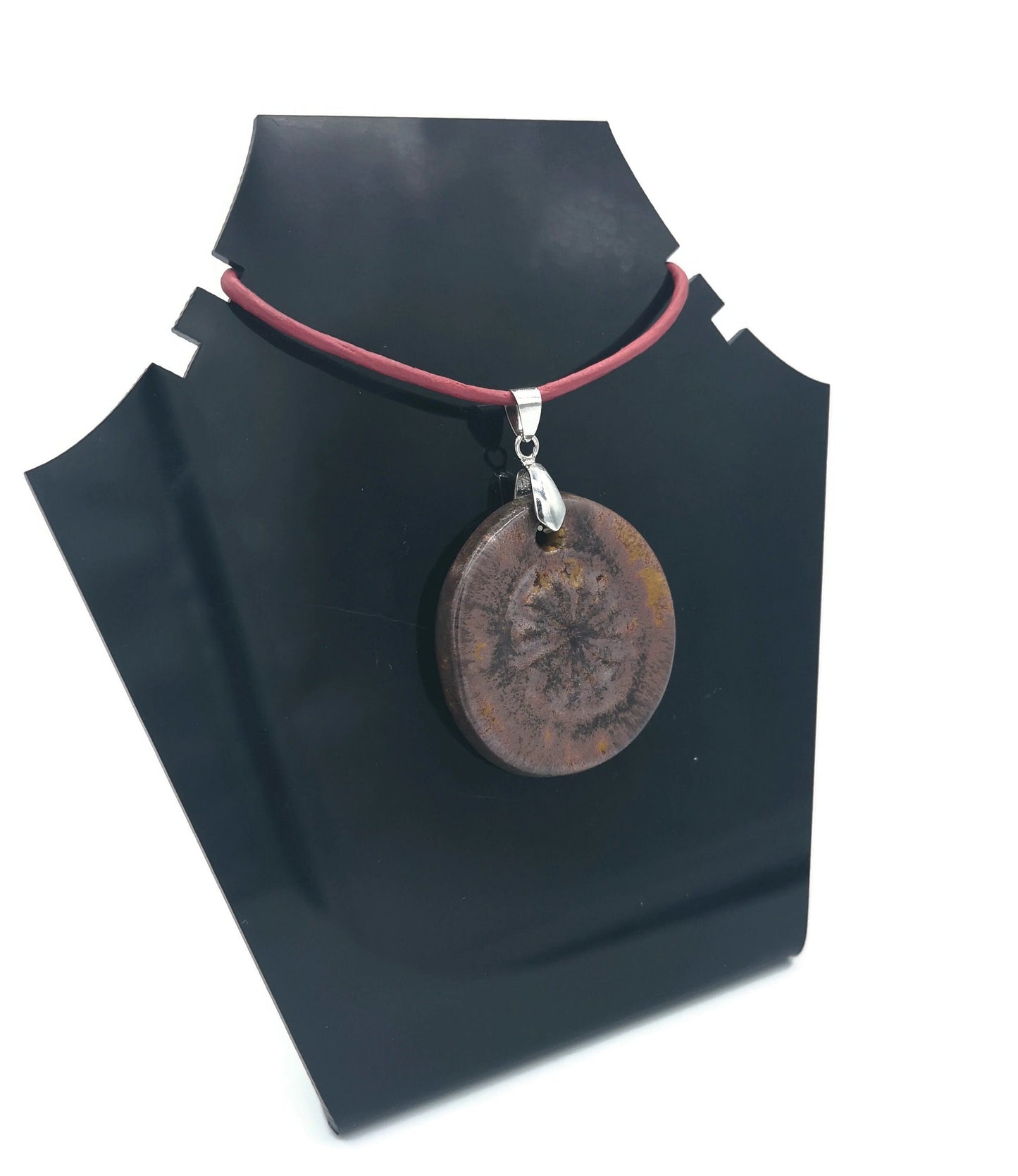 1Pc 40mm Extra Large Handmade Ceramic Necklace Pendant For Jewelry Making With Cooper Tones Poppy Design, Unique Clay Charm - Ceramica Ana Rafael