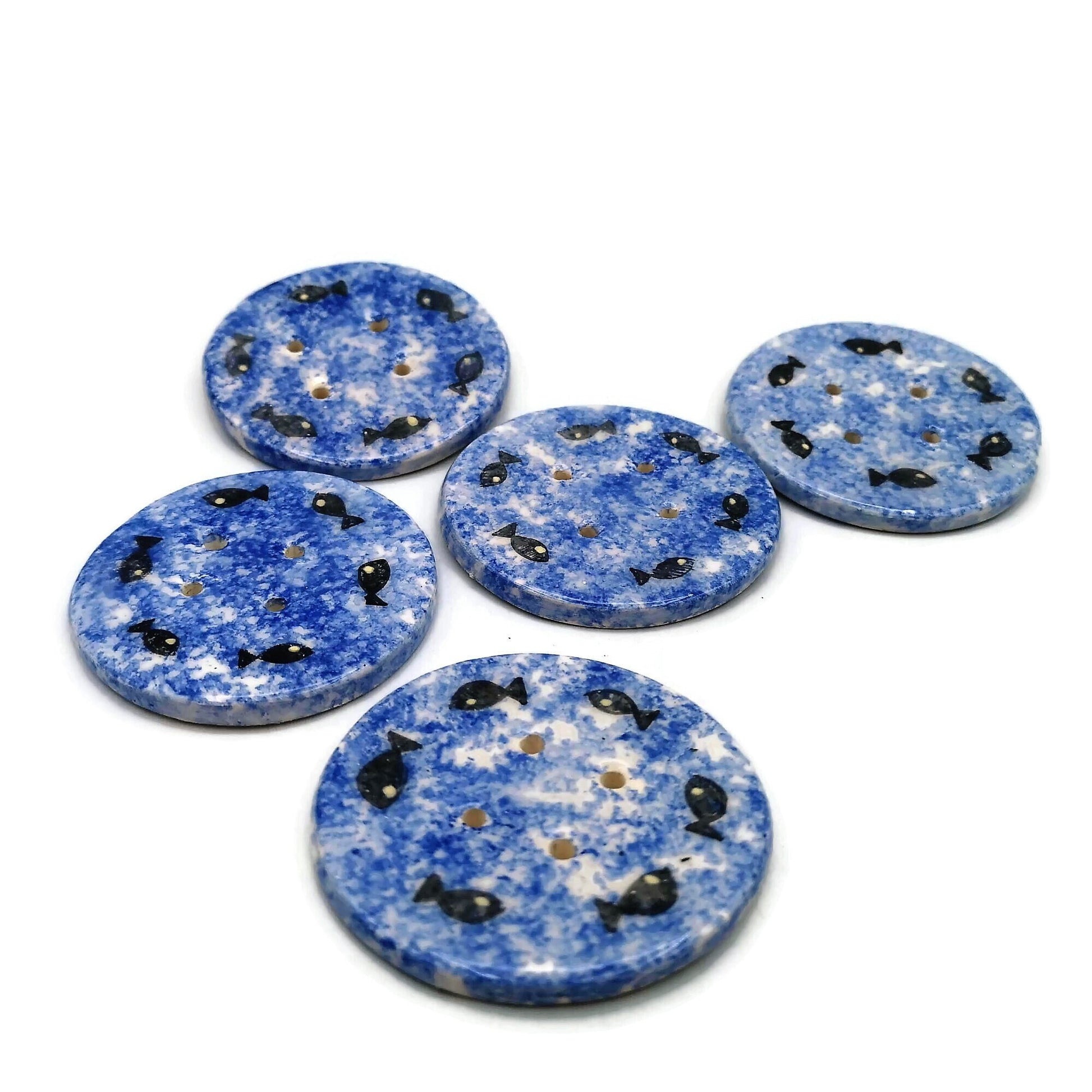 5Pc 65mm Giant Sewing Buttons, Handmade Ceramic Coat Buttons With Hand Painted Fish, Decorative Novelty Buttons for Crafts Extra Large - Ceramica Ana Rafael