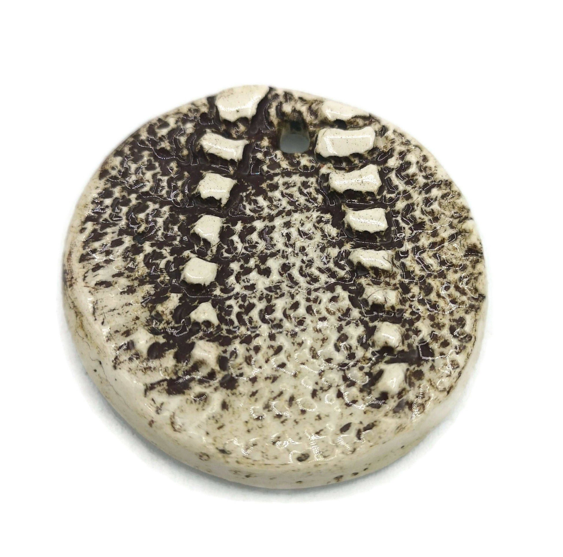 1Pc 35/45mm Handmade Ceramic Textured Necklace Pendant For Jewelry Making, Large Circle Modern Clay Charms Round Shape, Vintage Lace Texture