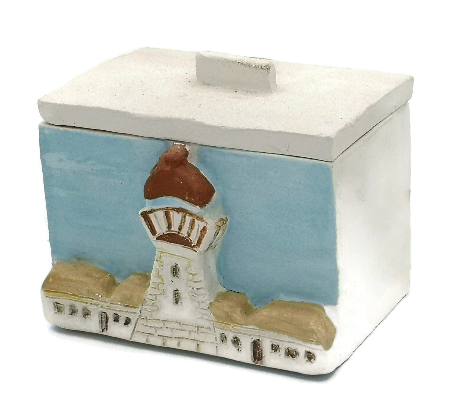 Handmade Ceramic Jewelry Box With Lid, Lighthouse Gift For Dad, Unique Small Trinket Box - Ceramica Ana Rafael