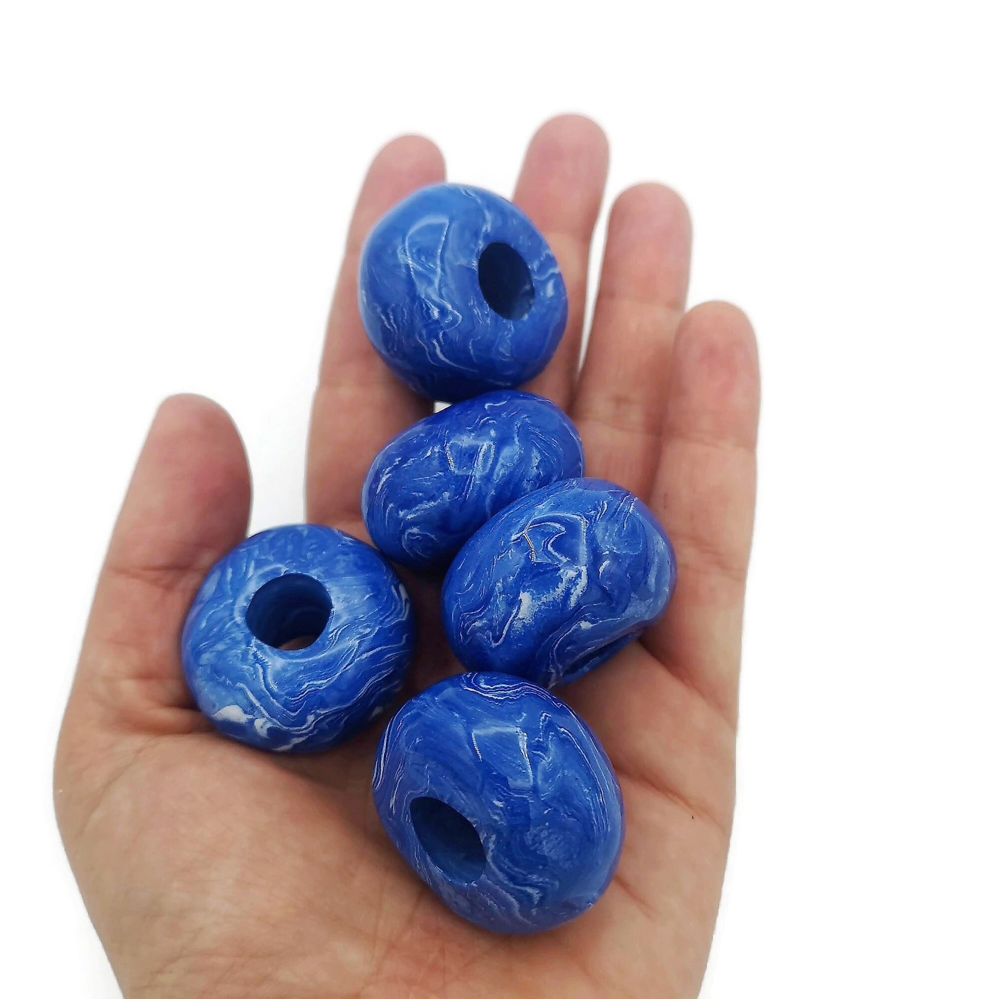 5Pc Large Ceramic Beads For Macrame and Statement Jewelry Making, Marbled White and Blue Clay Beads With Large Holes - Ceramica Ana Rafael