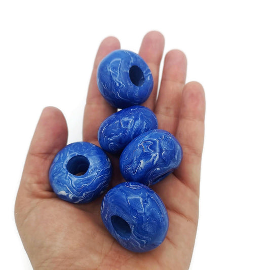5Pc Large Ceramic Beads For Macrame and Statement Jewelry Making, Marbled White and Blue Clay Beads With Large Holes - Ceramica Ana Rafael