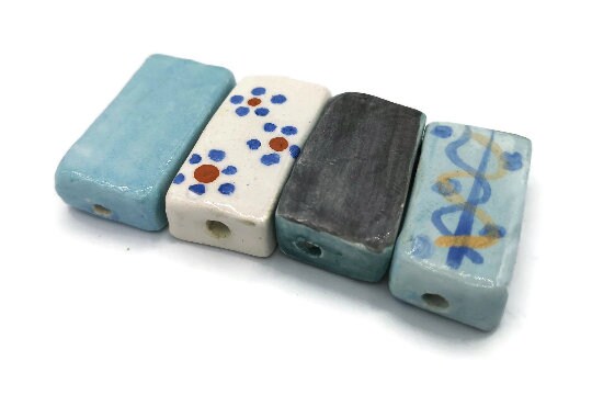 4Pc 35mm Extra Large Handmade Ceramic Rectangle Beads For Jewelry Making, Mixed Clay Beads hand Painted, Unique Decorative Macrame Beads - Ceramica Ana Rafael