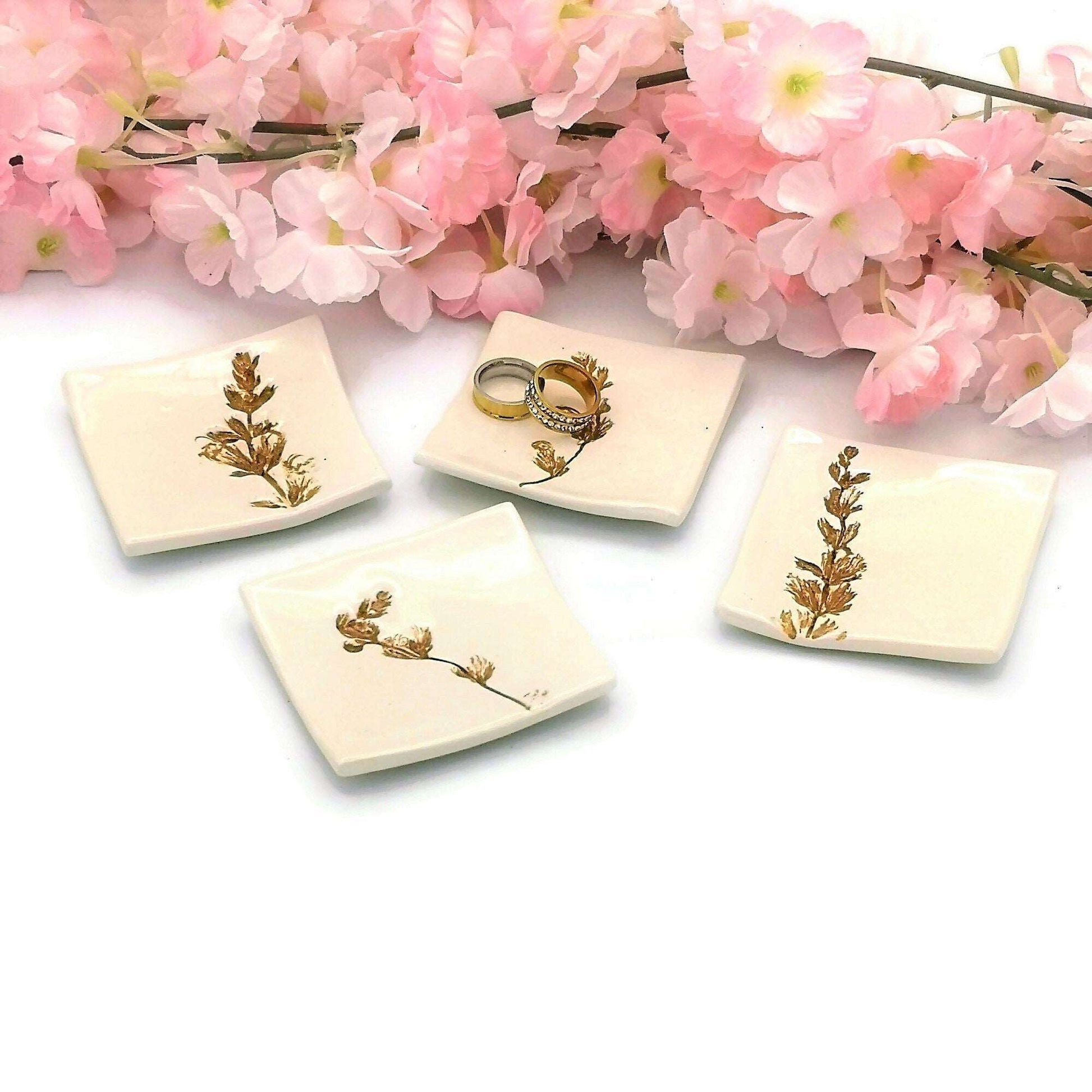 1Pc Clay Ring Dish, Plant Lovers Birthday Gifts, square ceramic trinket dish, 9th-anniversary gift, Sage Flower or Rosemary Leaves Design