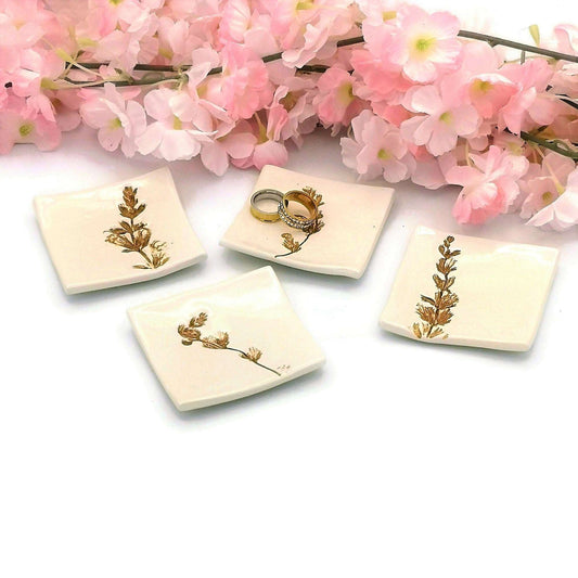 1Pc Clay Ring Dish, Plant Lovers Birthday Gifts, square ceramic trinket dish, 9th-anniversary gift, Sage Flower or Rosemary Leaves Design