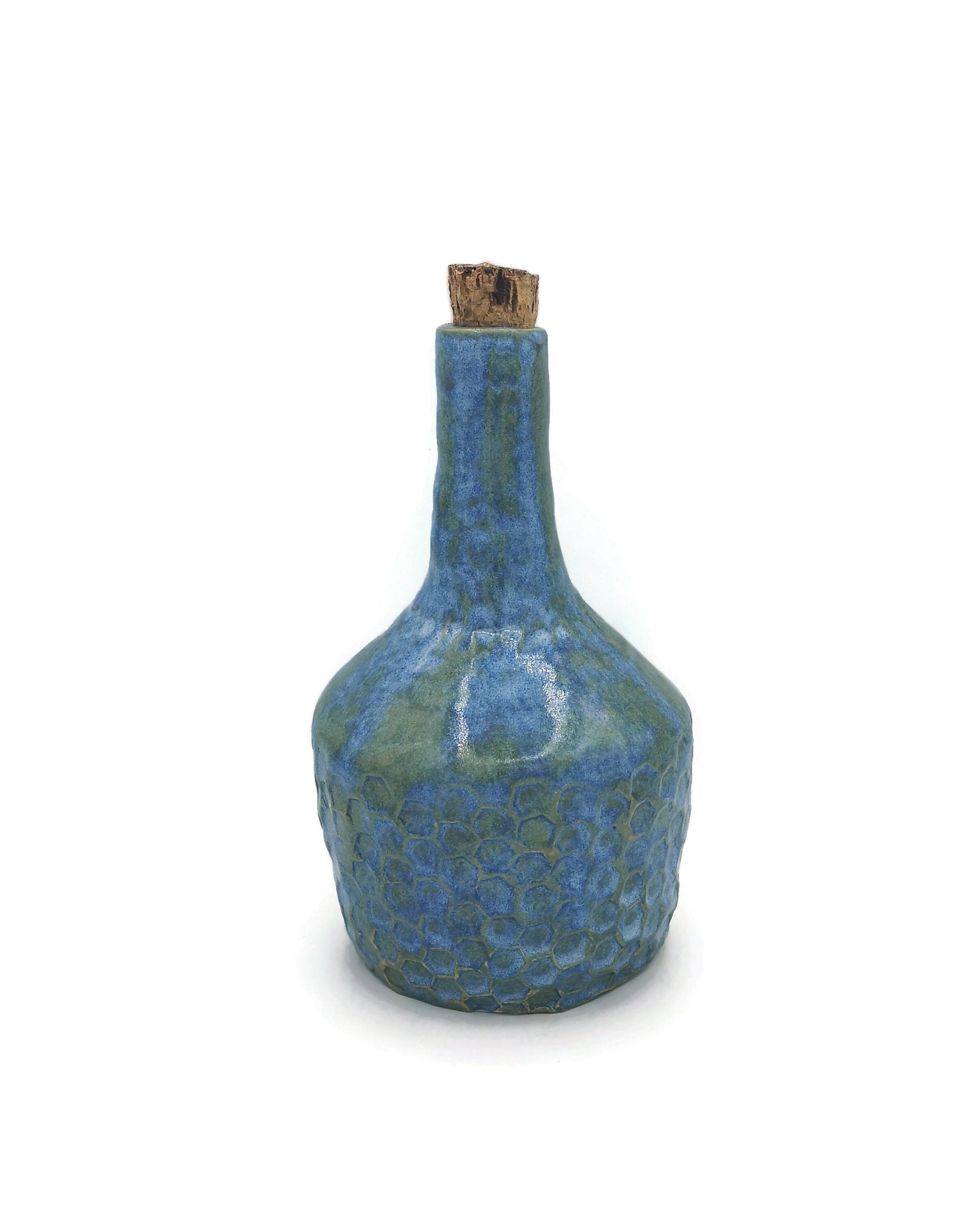 Blue Handmade Ceramic Bottle With Decorative Natural Cork Stopper, Sculptural Vase Honneycomb Texture For Rustic Home Decor - Ceramica Ana Rafael