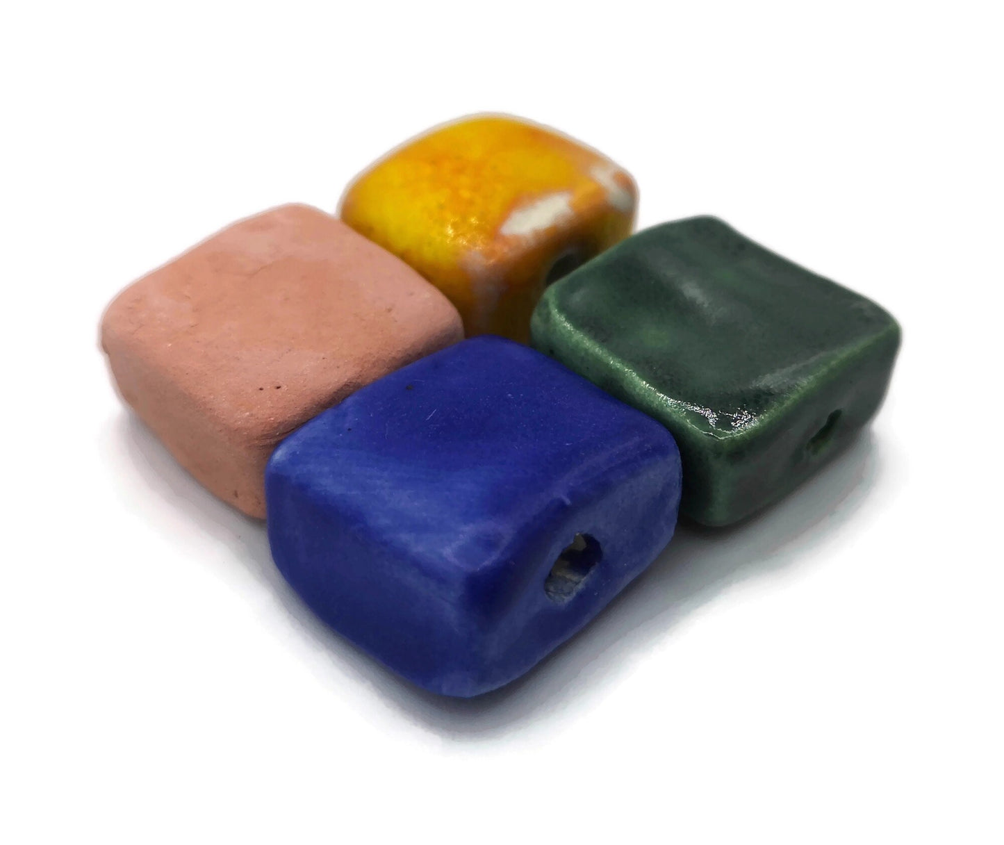 Set Of 4 Assorted Beads, Clay Beads For Crafts, Handmade Ceramic Macrame Beads, Square Shape Large Beads, Unusual Pottery Beads - Ceramica Ana Rafael