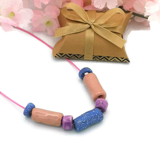 Pink and Blue Everyday Necklace, Boho Statement Necklace, Trendy Beaded Necklace Best Gifts For Her, Colorful Aesthetic Mothers Day Gift - Ceramica Ana Rafael