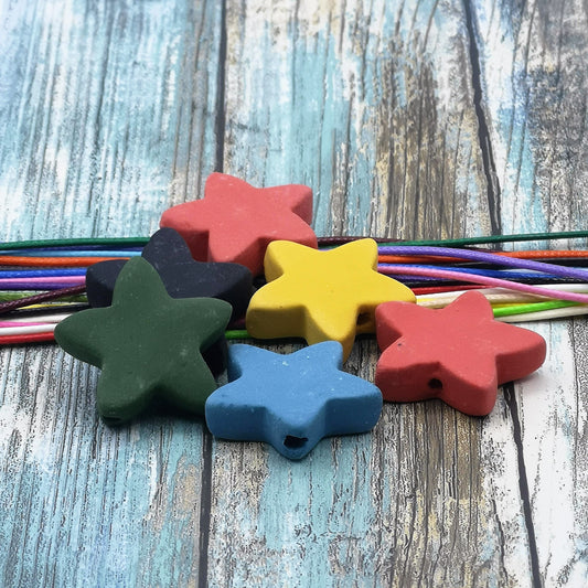 6Pc 35mm Extra Large Handmade Ceramic Star Beads For Jewelry making, Macrame Beads Large Hole 2mm,Assorted Matte Colorful Clay Beads - Ceramica Ana Rafael