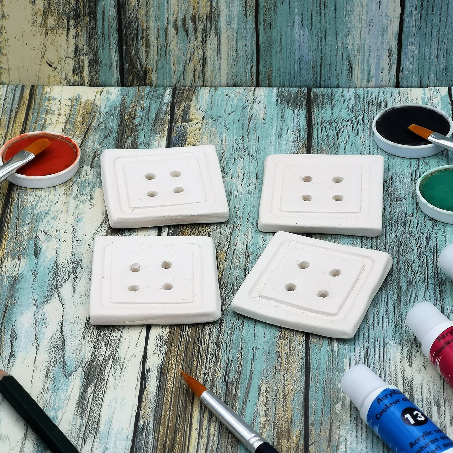 4Pc Customizable Handmade Ceramic Bisque Sewing Buttons Ready To Paint, Novelty Button For Crafts, Large Square Button - Ceramica Ana Rafael