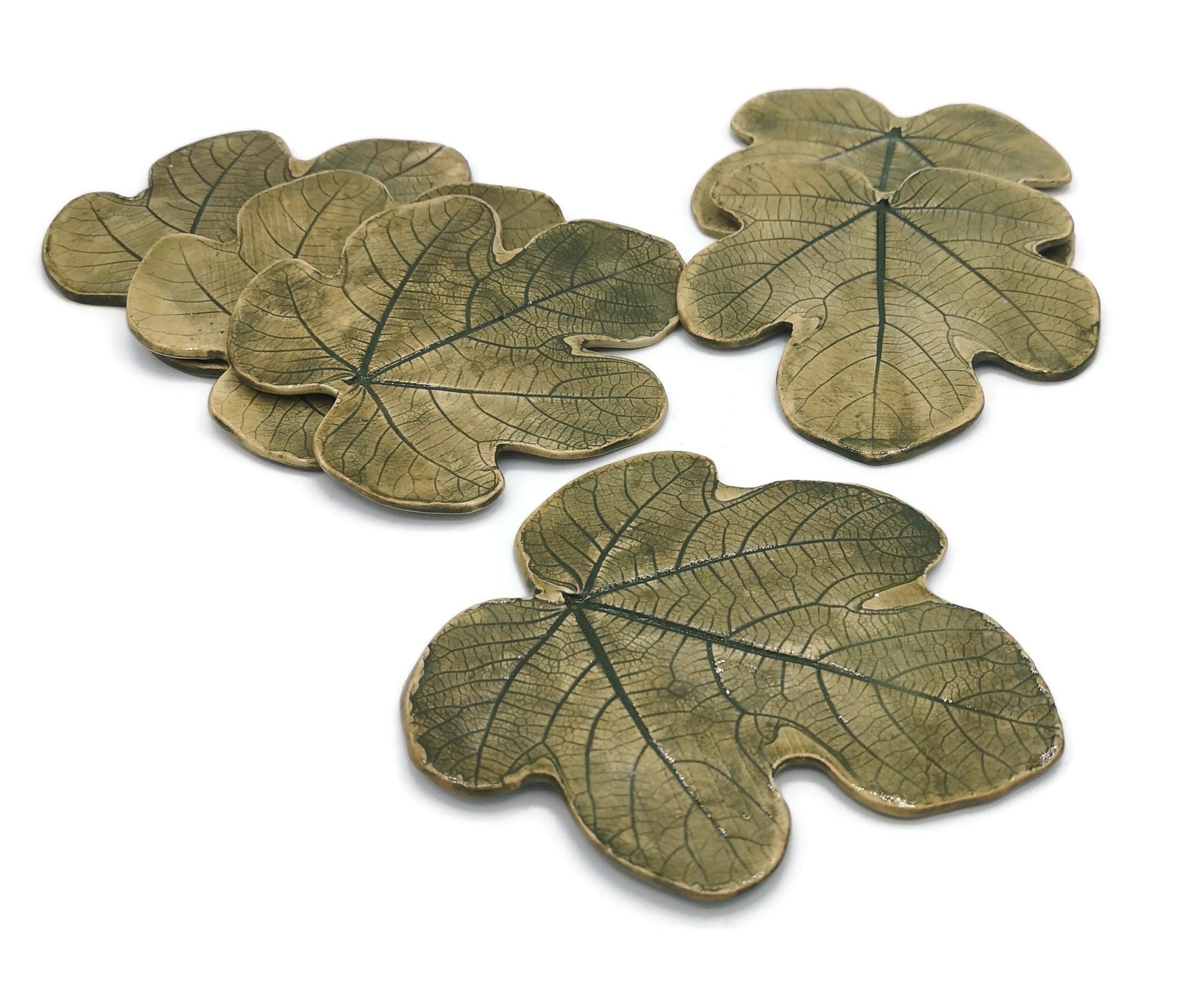 Set Of 6 Handmade Ceramic Green Coasters Fig Leaf Shaped, Housewarming Gift First Home, Mom Birthday Gift From Daughter, Fall Home Decor - Ceramica Ana Rafael
