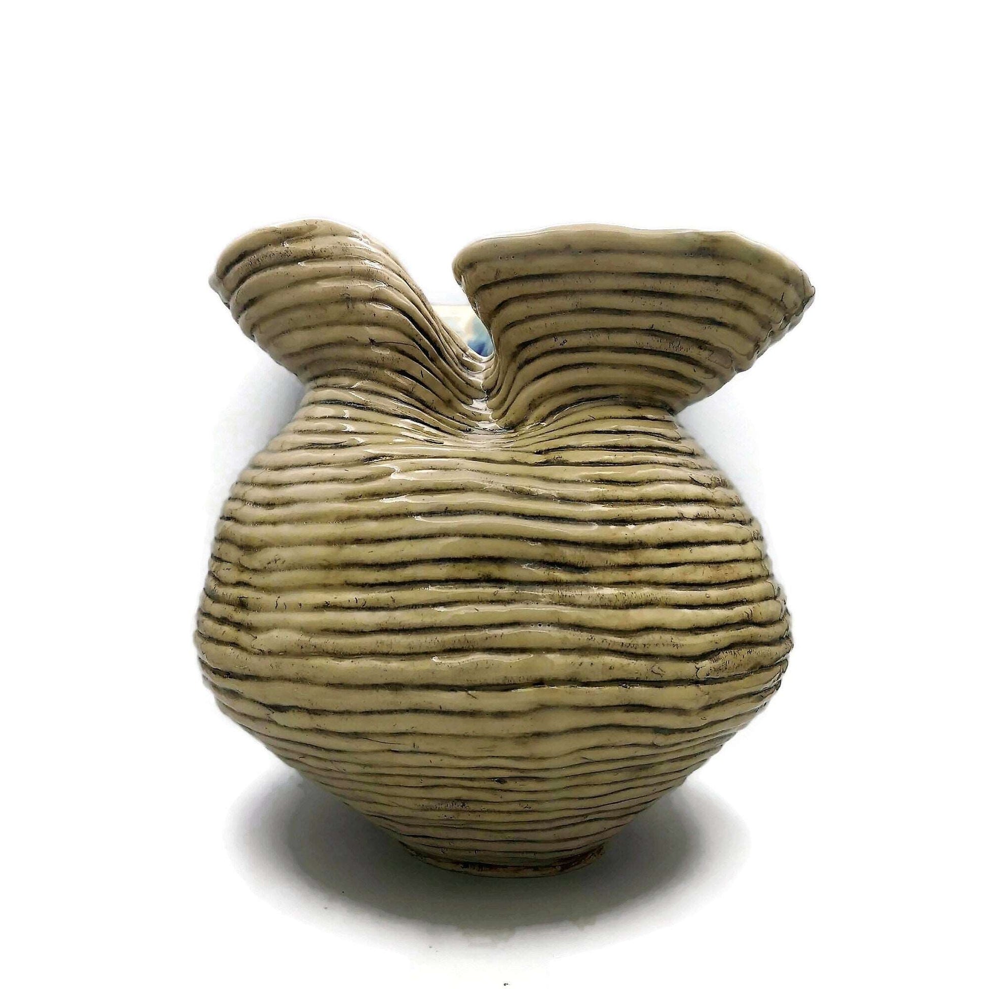 11 Inches Handmade Tall Ceramic Sculpture, Contemporary Sculptural Vase Textured For Table, Mid Century Modern Clay Pottery Large Bud Vase