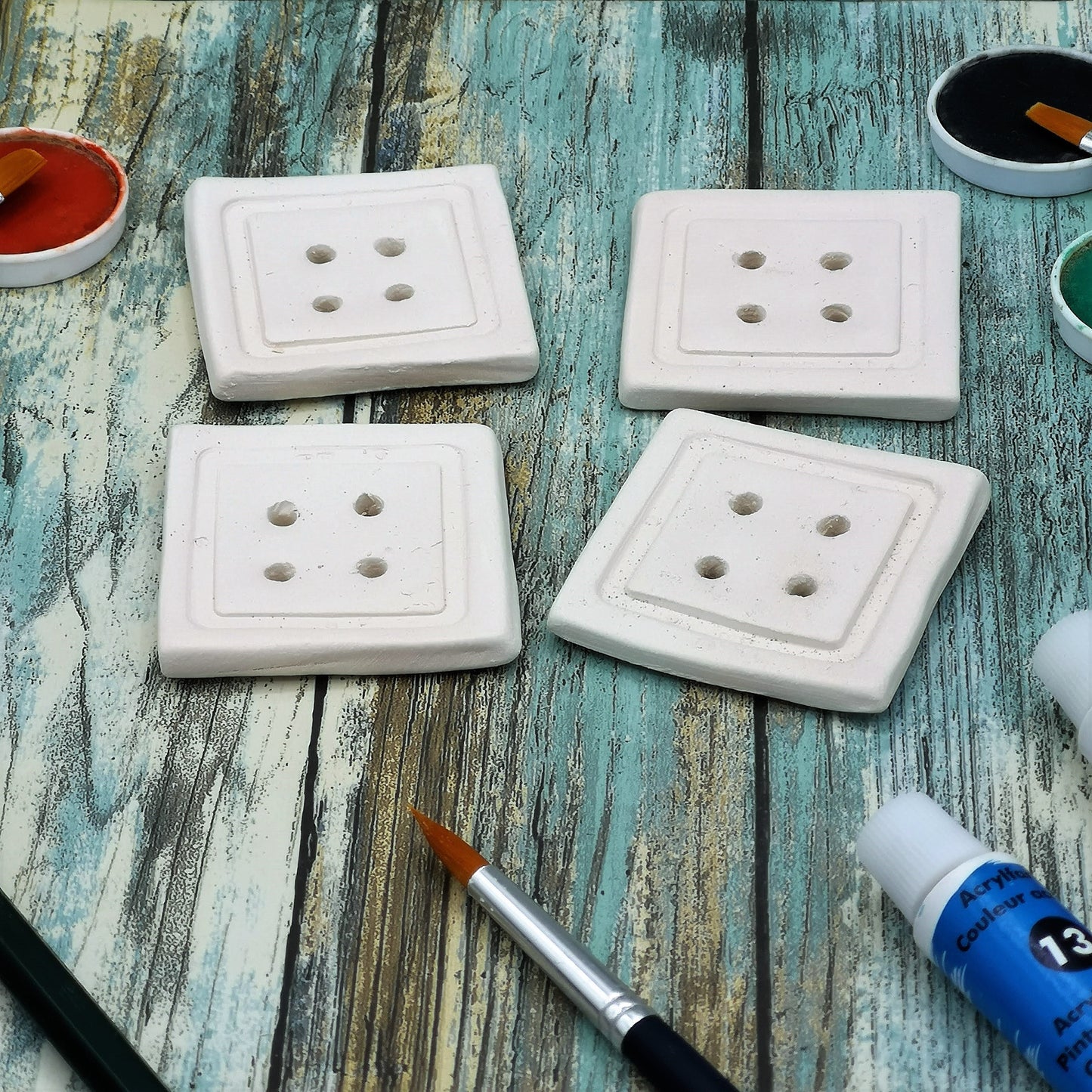 4Pc Customizable Handmade Ceramic Bisque Sewing Buttons Ready To Paint, Novelty Button For Crafts, Large Square Button - Ceramica Ana Rafael