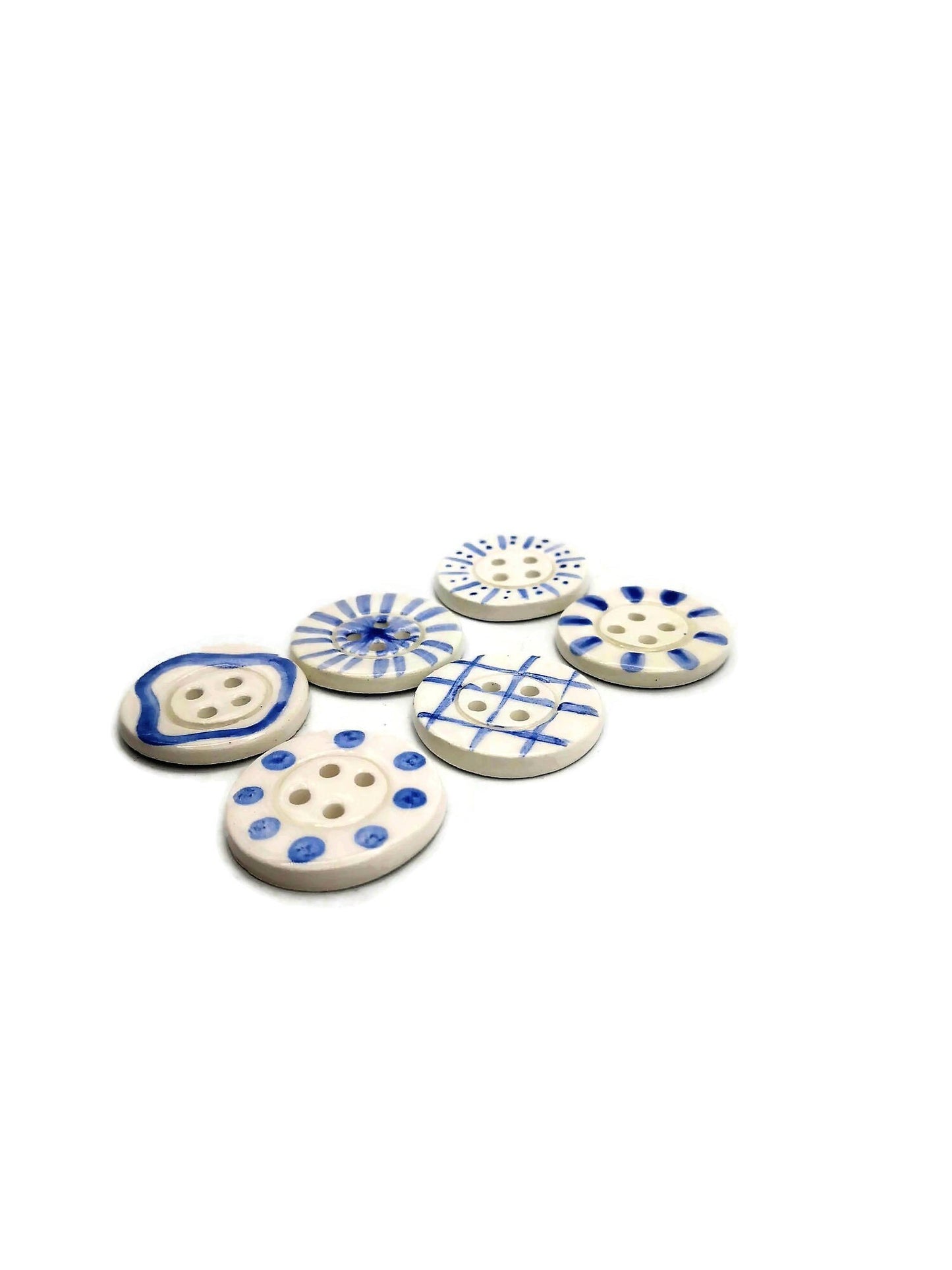 6Pc Large Handmade Ceramic Buttons For Sewing, Hand Painted Antique Look White And Blue Buttons, Best Sellers Sewing Supplies And Notions - Ceramica Ana Rafael