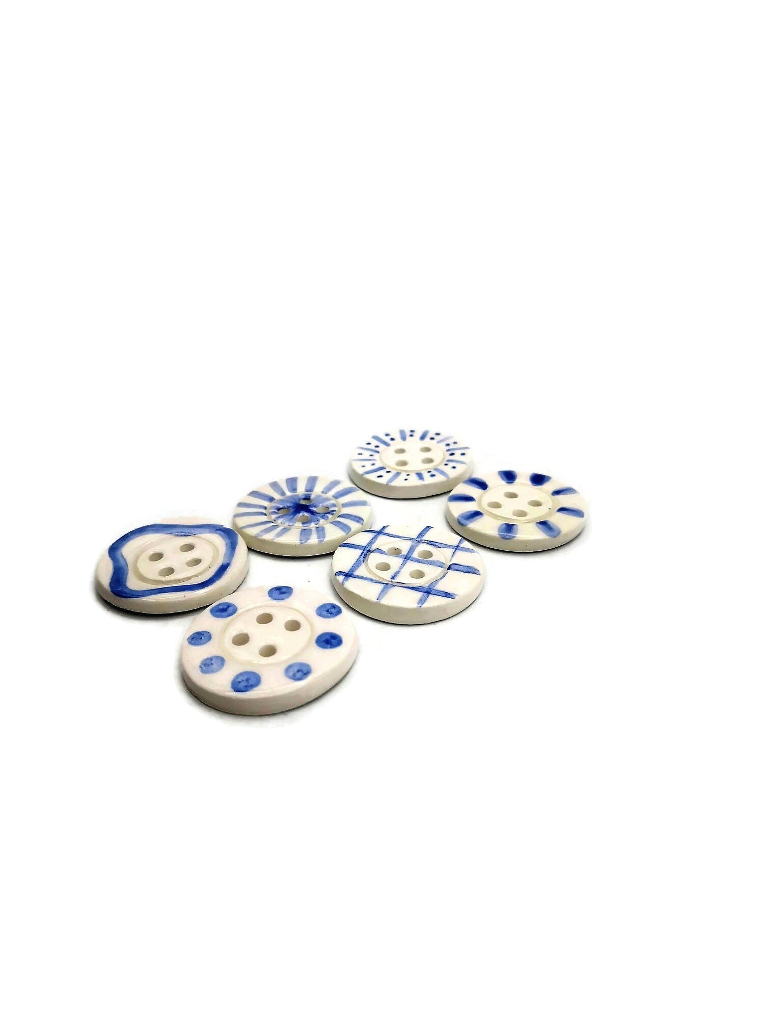 6Pc Large Handmade Ceramic Buttons For Sewing, Hand Painted Antique Look White And Blue Buttons, Best Sellers Sewing Supplies And Notions - Ceramica Ana Rafael