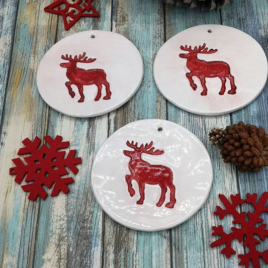 1Pc Handmade Ceramic Reindeer Ornaments For Wall Decor, Christmas Tree Red and White Ornaments, Pottery Wall Hanging For Winter Decoration