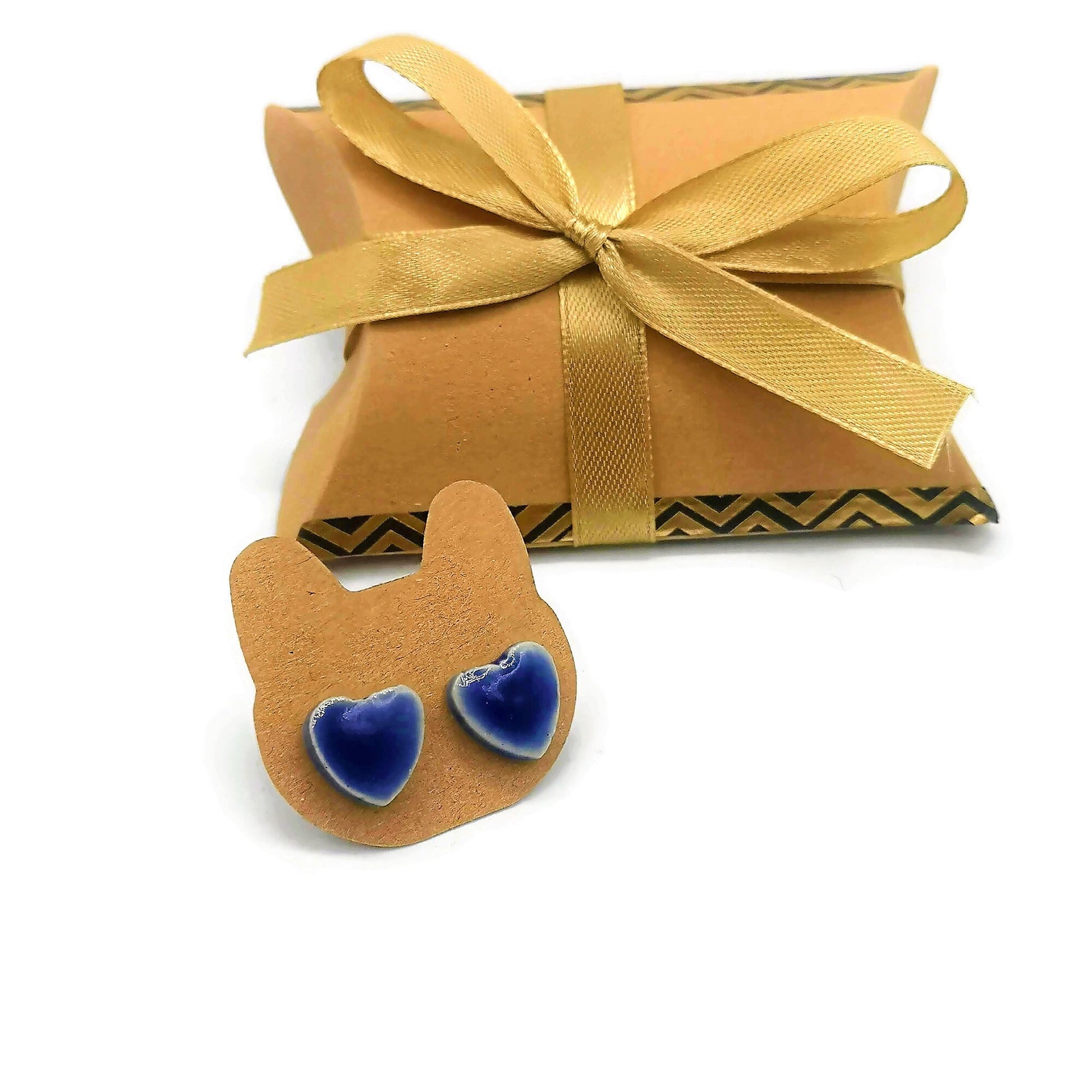 Handmade Ceramic Blue Heart Stud Earrings For Women, Minimalist Novelty Small Dainty Earrings, Best Gifts For Her On Valentines Day - Ceramica Ana Rafael