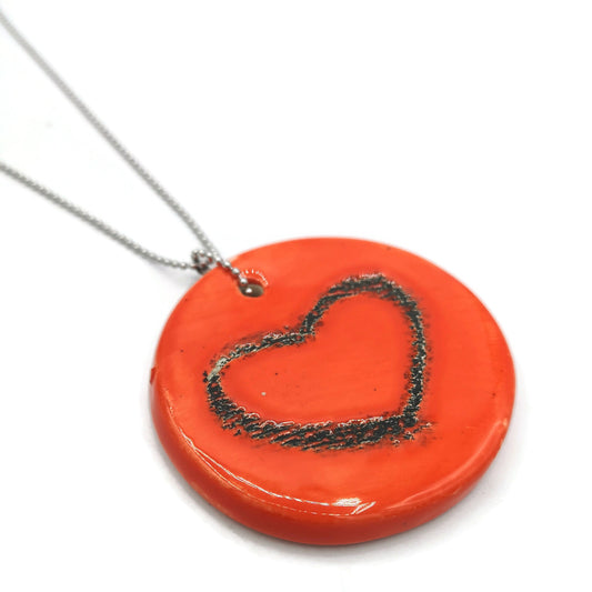 Handmade Ceramic Red Heart Necklace Pendant For Her, Cute Round Pendant, Boho Aesthetic Everyday Necklace, Mothers Day Gift Idea - Ceramica Ana Rafael
