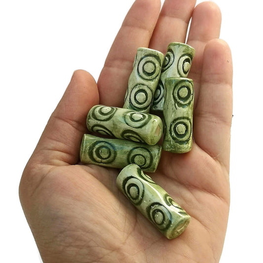 6 Pcs Unique Macrame Beads Large Hole 4 mm, Ceramic Tube Beads 30mm Long For Jewelry Making, Best Sellers Green Clay Beads - Ceramica Ana Rafael