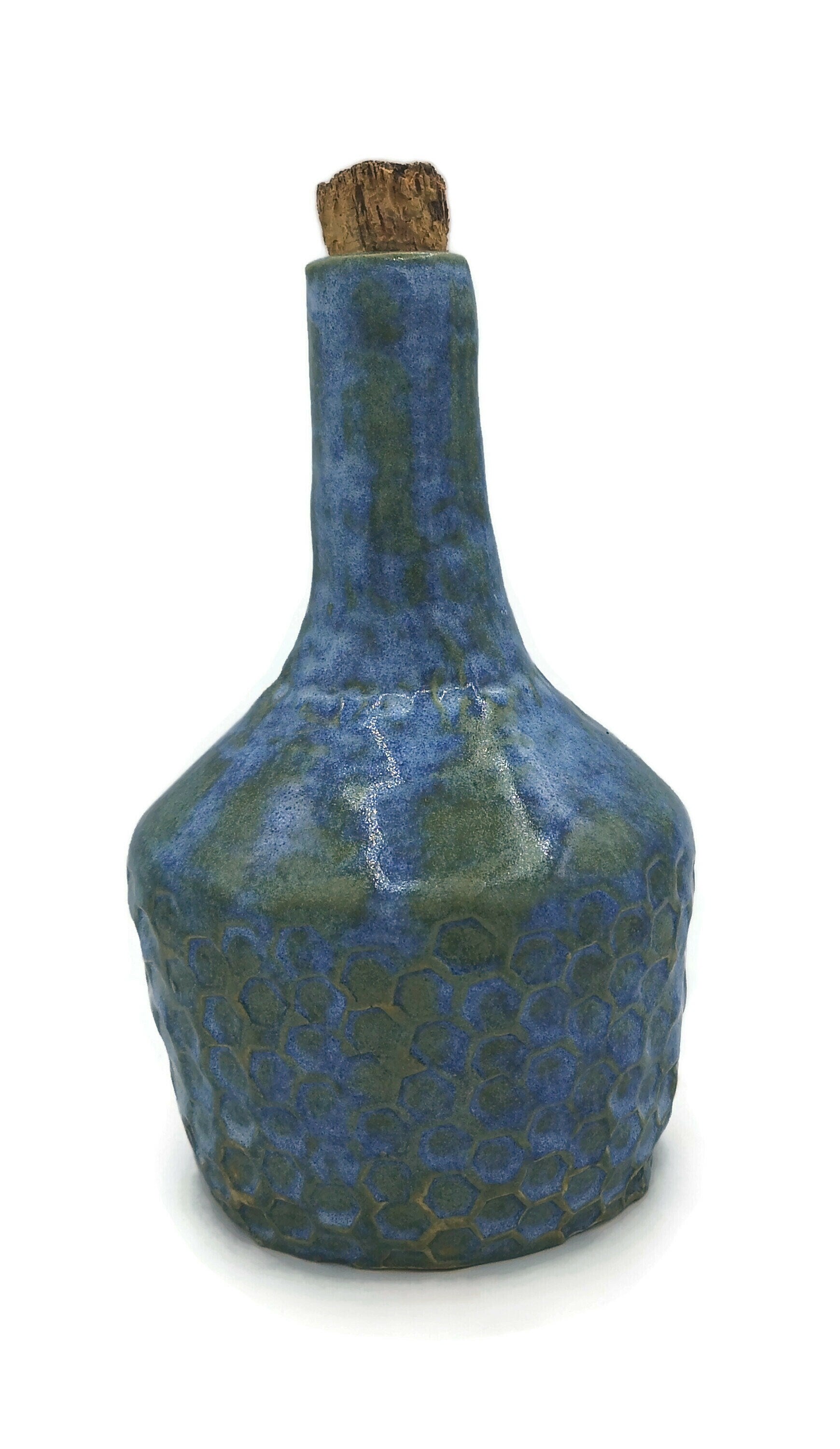 Blue Handmade Ceramic Bottle With Decorative Natural Cork Stopper, Sculptural Vase Honneycomb Texture For Rustic Home Decor - Ceramica Ana Rafael