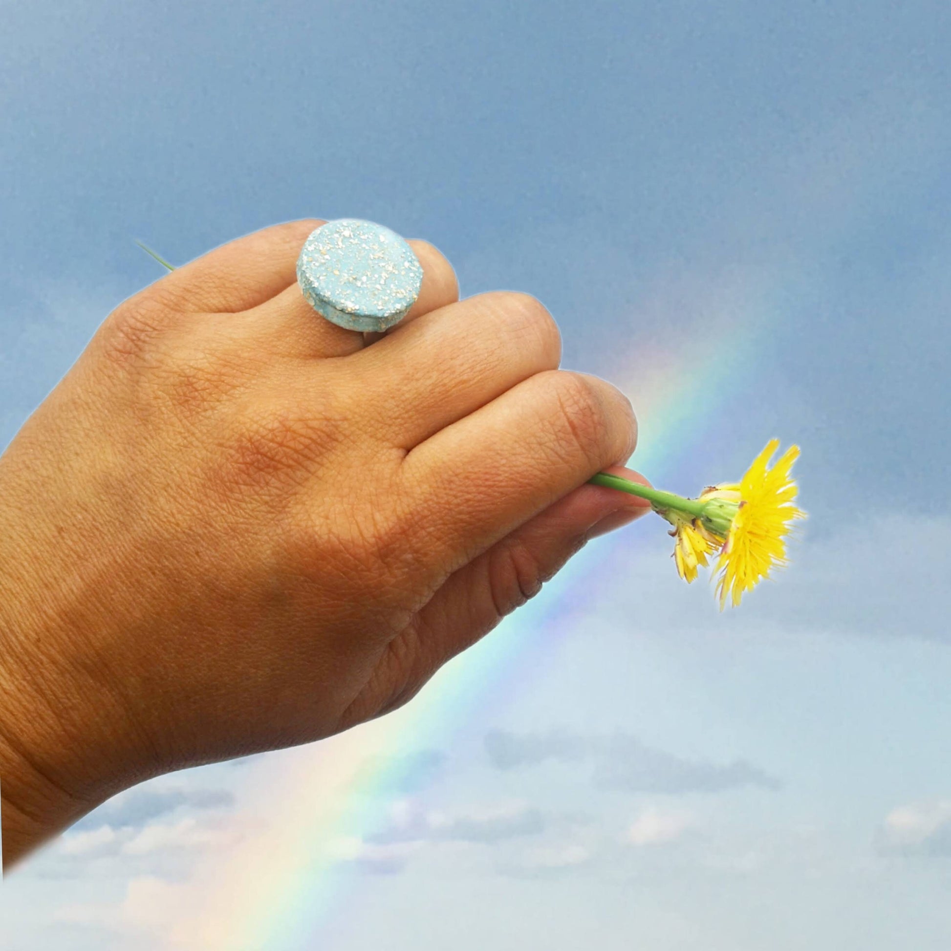 Handmade Ceramic Sparkly Turquoise Blue Ring For Women, Unique Stainless Steel Adjustable Ring, Porcelain Best 9th Anniversary Gifts For Her - Ceramica Ana Rafael