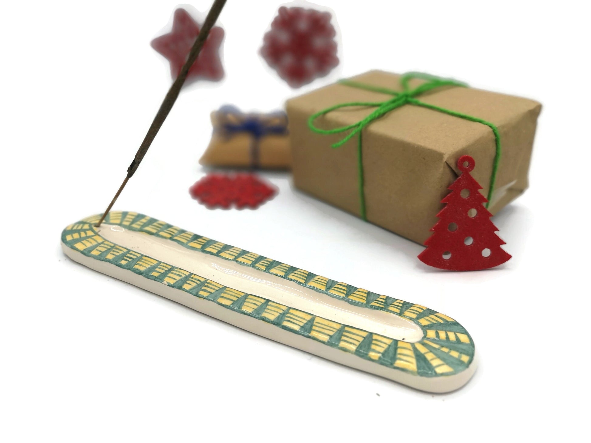 Handmade Ceramic Incense Stick Holder, Hand Pinted Green And Yellow Long Incense Tray, Artisan Portuguese Potery Gift Idea For Women - Ceramica Ana Rafael