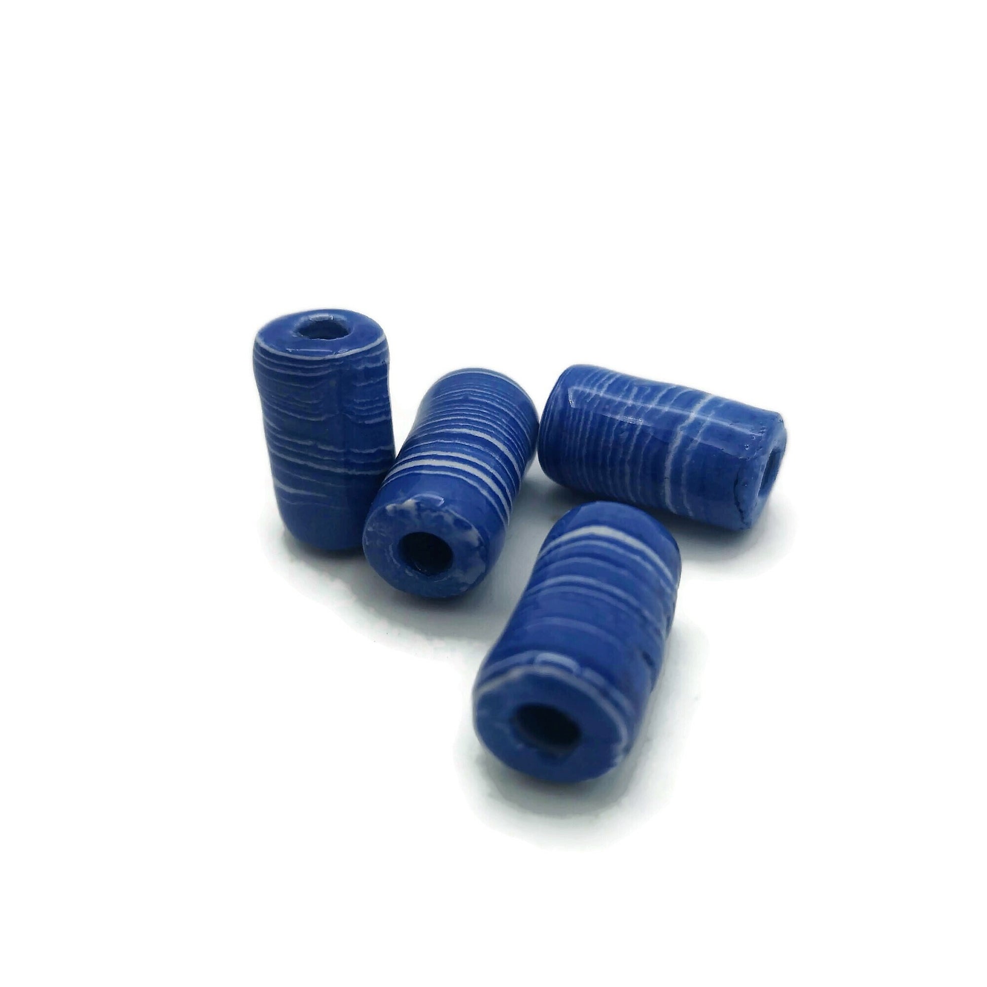 4 Pc Large Ceramic Tube Beads for Macrame Jewelry Making, Artisan Blue Beads 4mm Hole, Beard Beads for Hair Braid - Ceramica Ana Rafael