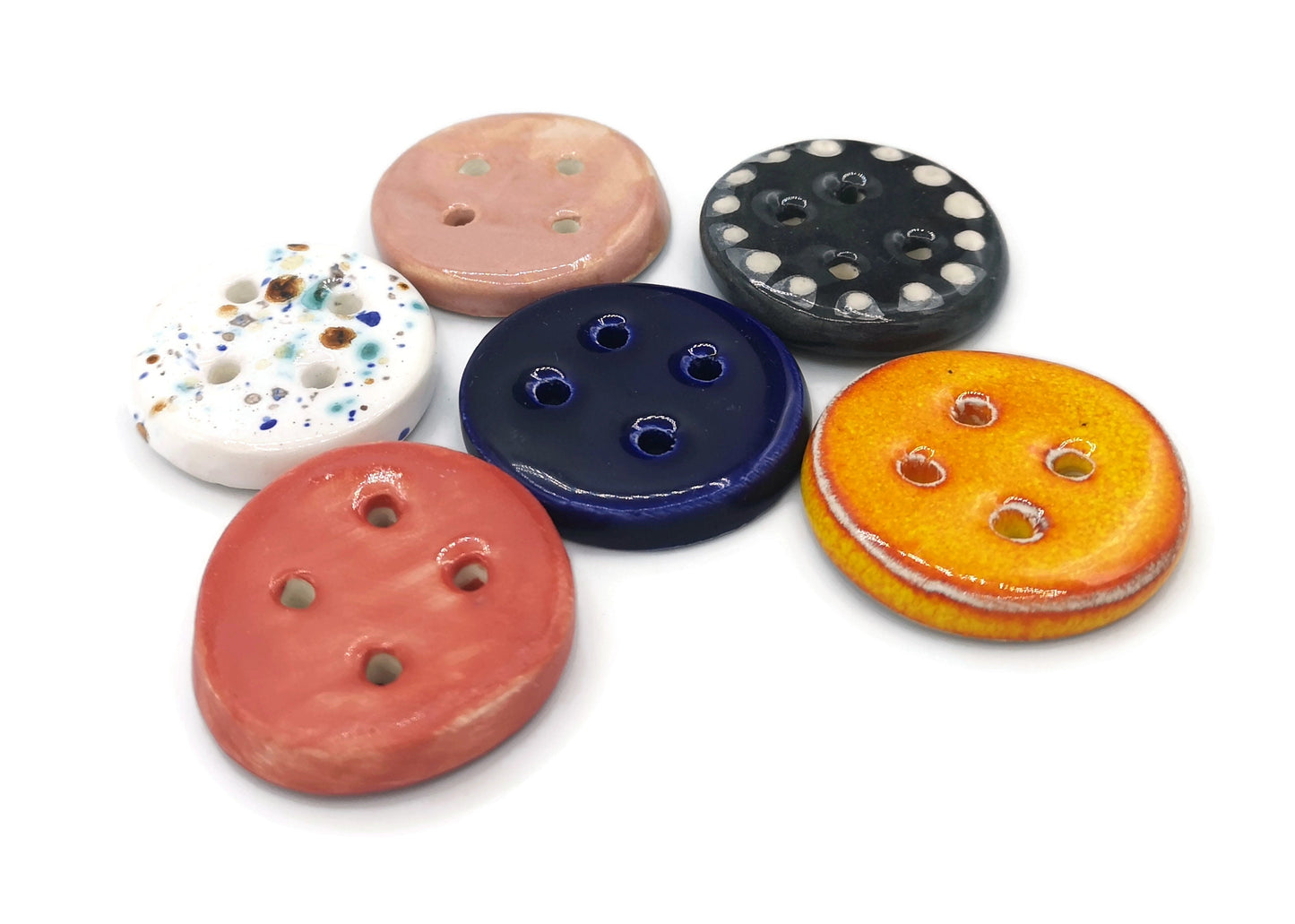 6Pc 40mm Glazed Extra Large Clay Sewing Buttons, Assorted Handmade Ceramic Buttons, Unique Strange And Unusual 4-hole Flat Back Buttons - Ceramica Ana Rafael
