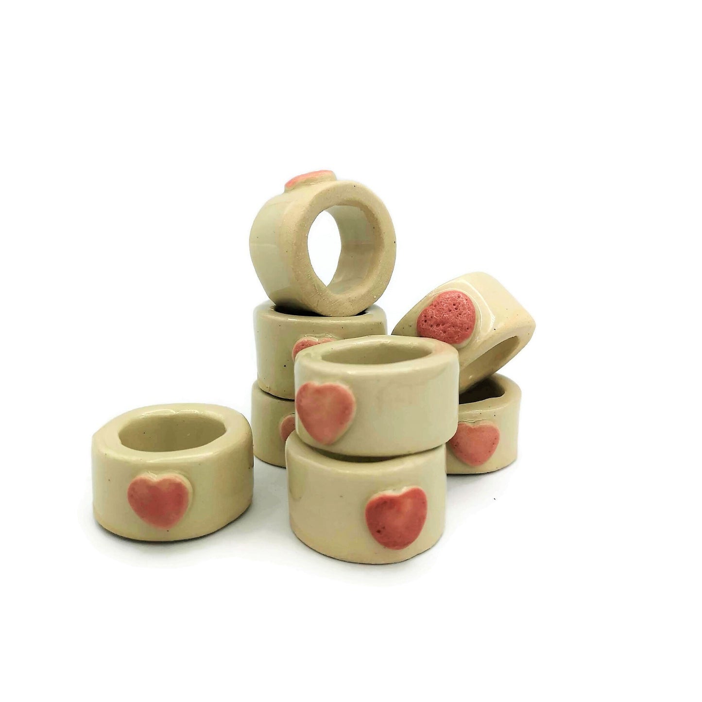 8Pc Extra Large Tube Beads, Handmade Ceramic Macrame Beads With Decorative Heart, Large Hole Beads, Napknig Rings - Ceramica Ana Rafael
