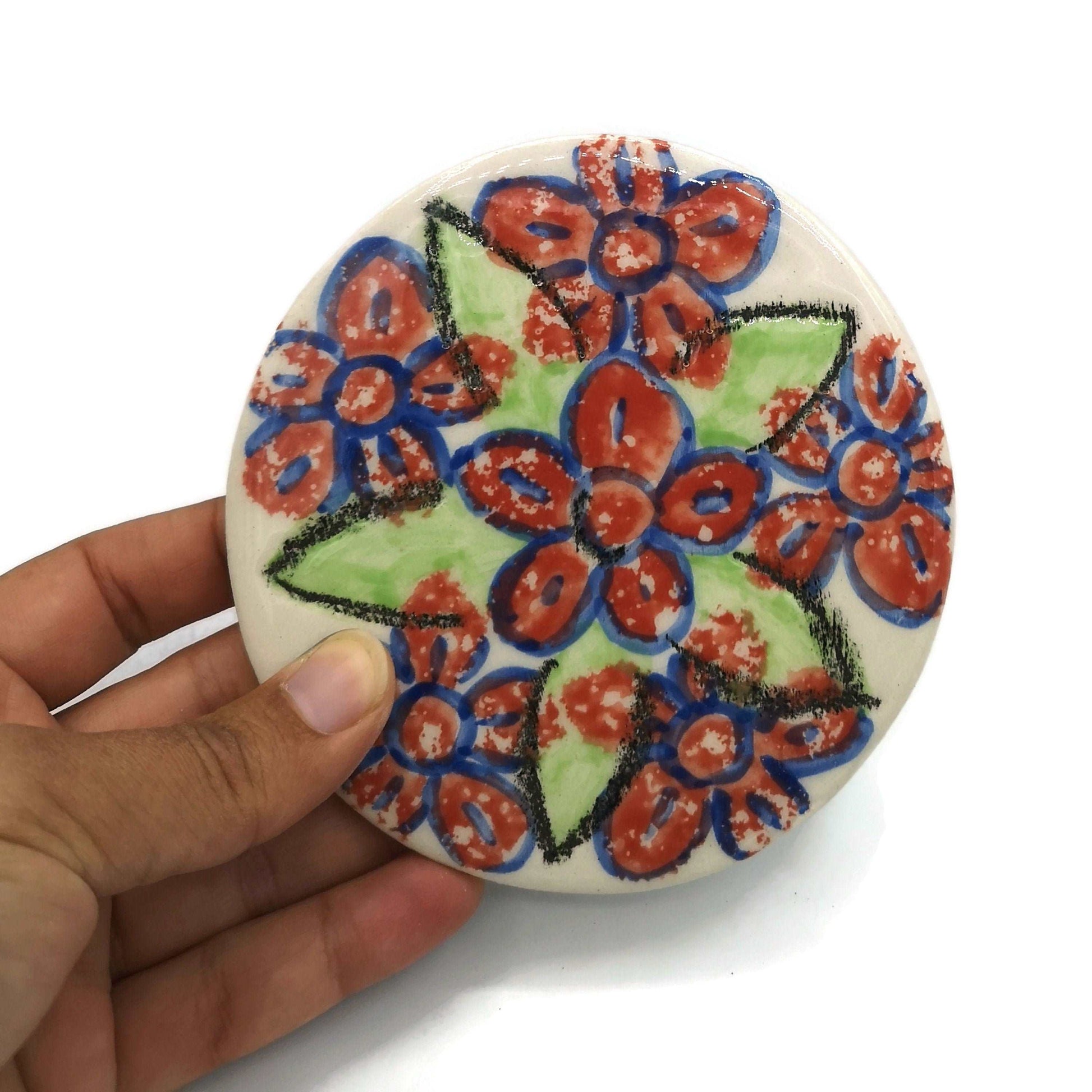 1Pc Handpainted Floral Large Handmade Ceramic Coaster Tile, Office Desk Accessories for Women, Cork Backing Round Artisan Botanical Coaster