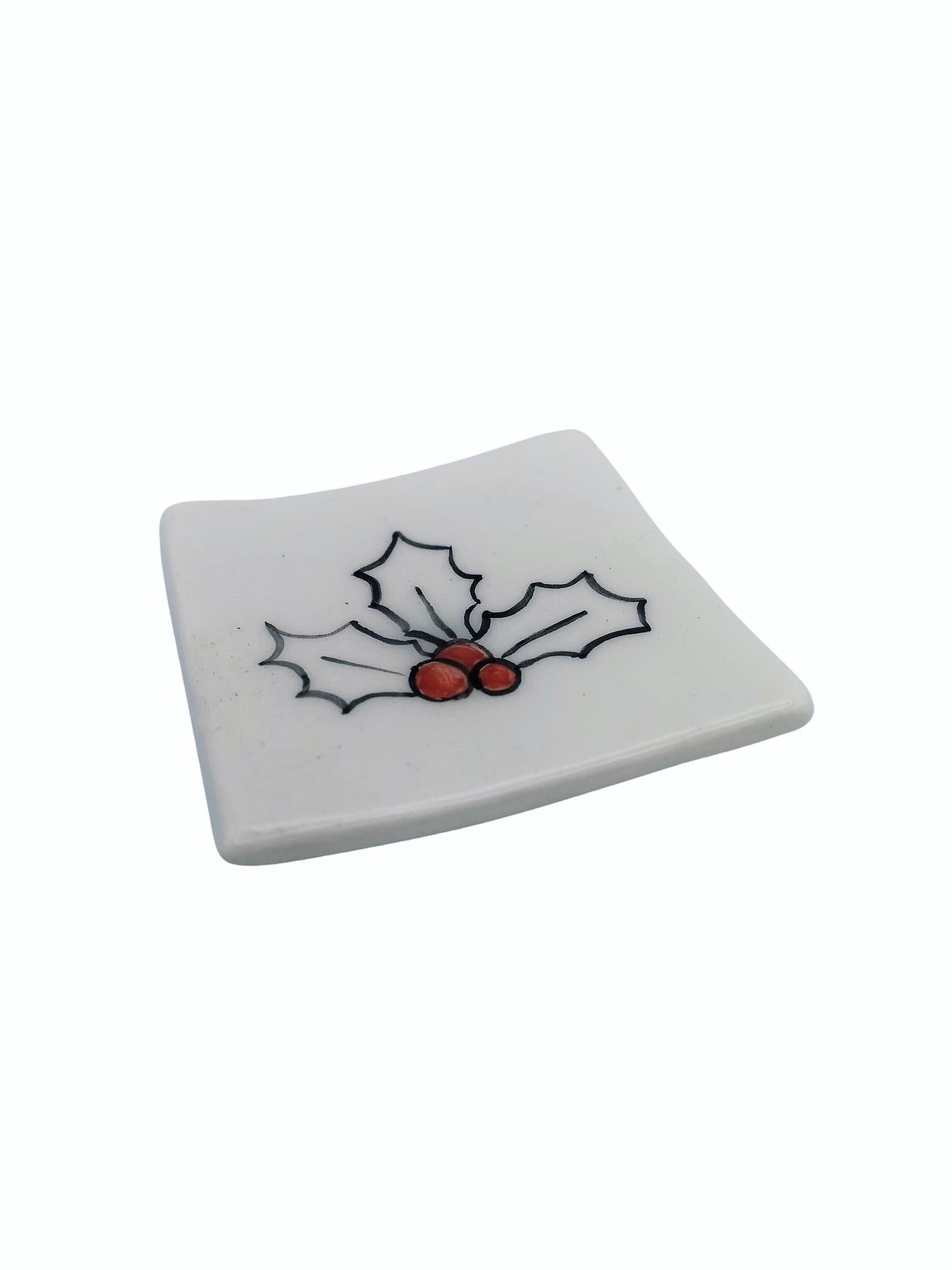 1Pc Handmade Ceramic Trinket Dish With Hand Painted Santa Claus, Holly or Reindeer, Candle Holder, Square Clay Ring Holder Best Gift For Her - Ceramica Ana Rafael