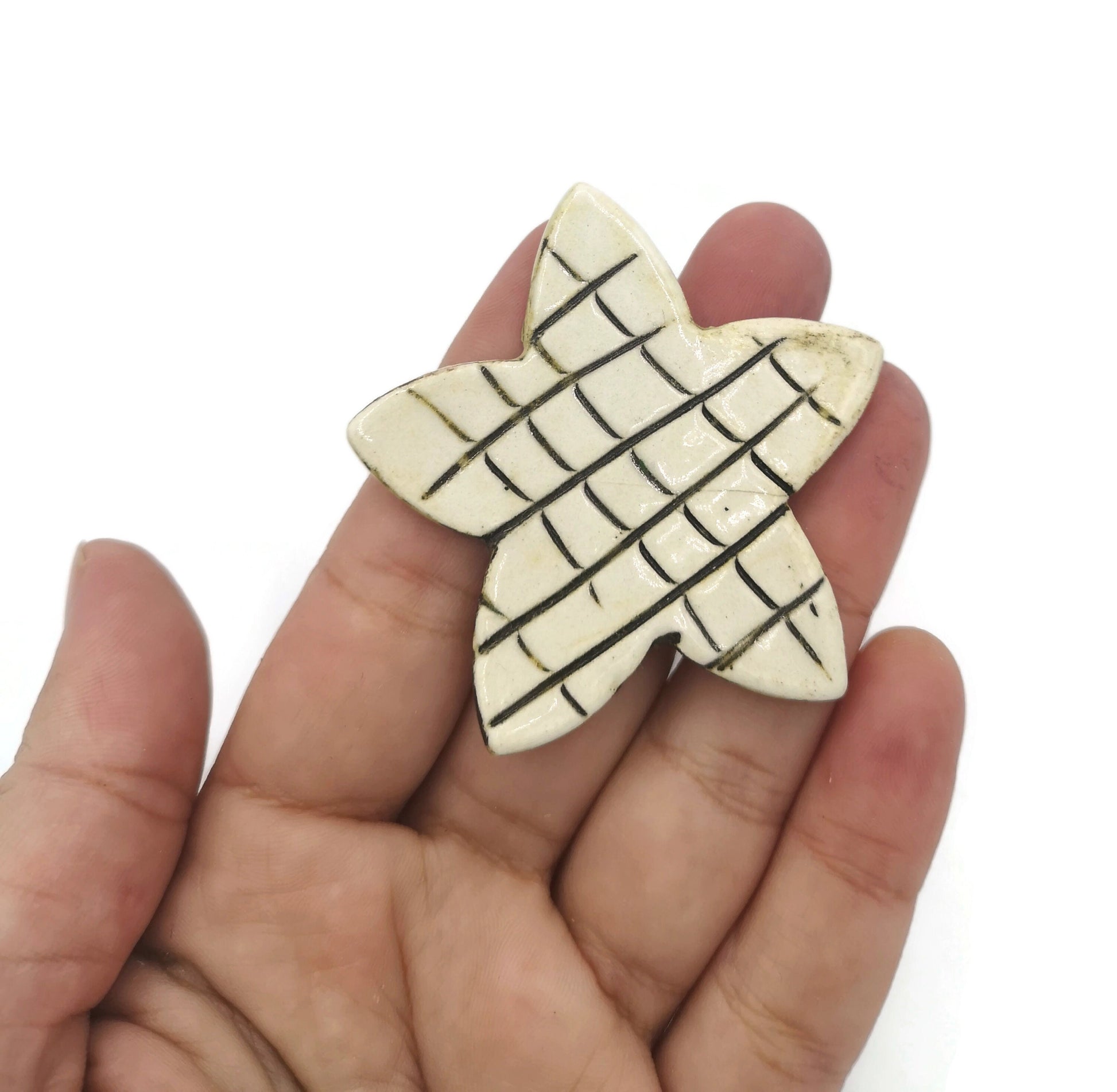 Beige Large Handmade Ceramic Star Shape Clay Fridge Magnets, Decorative Textured Rustic Refrigerator Magnet For Kitchen Decor - Ceramica Ana Rafael