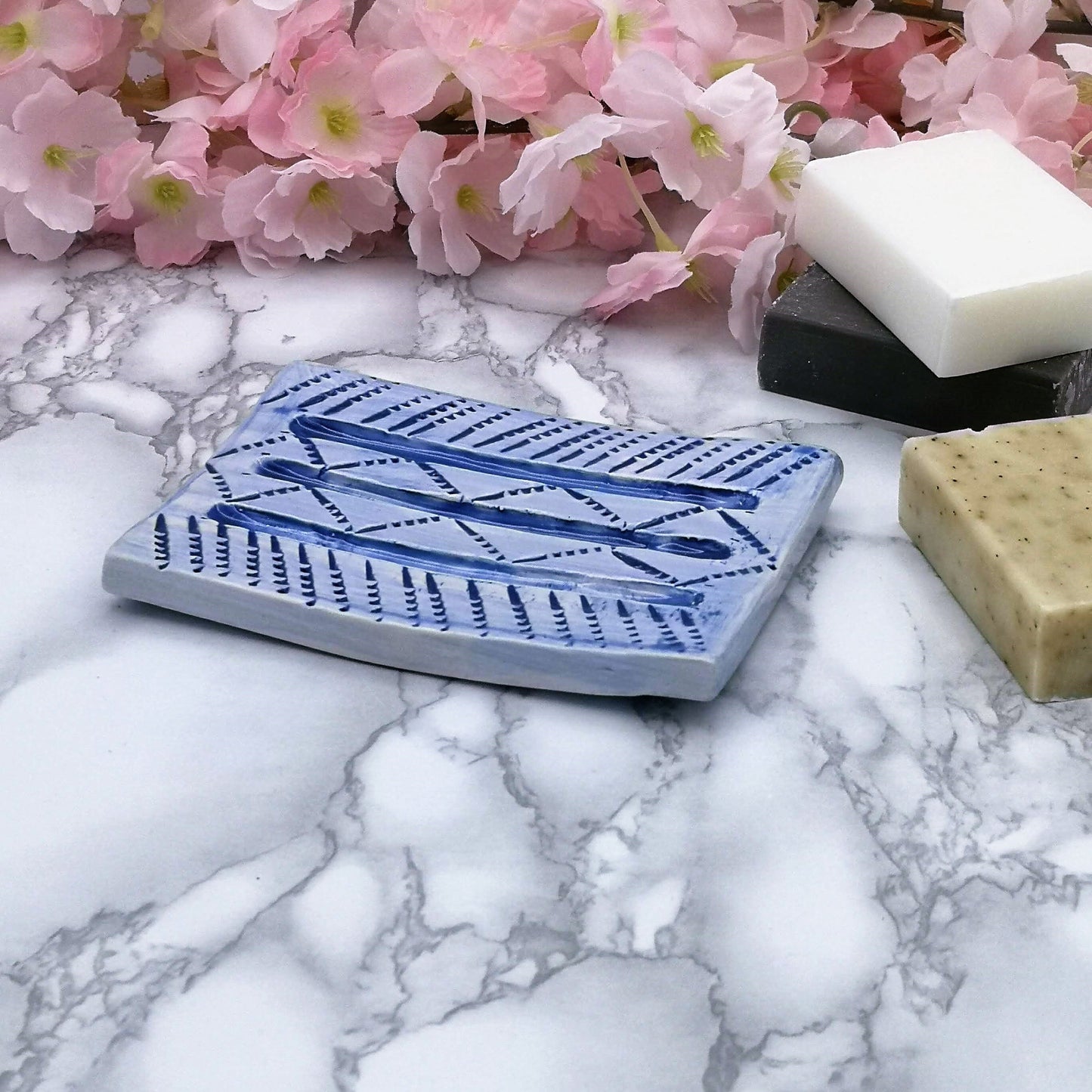 Blue Handmade Ceramic Soap Dish for Shower, Rectangular Sponge Holder, Eco Friendly Shampoo Bar Holder, Sustainable Best Gift For Him - Ceramica Ana Rafael