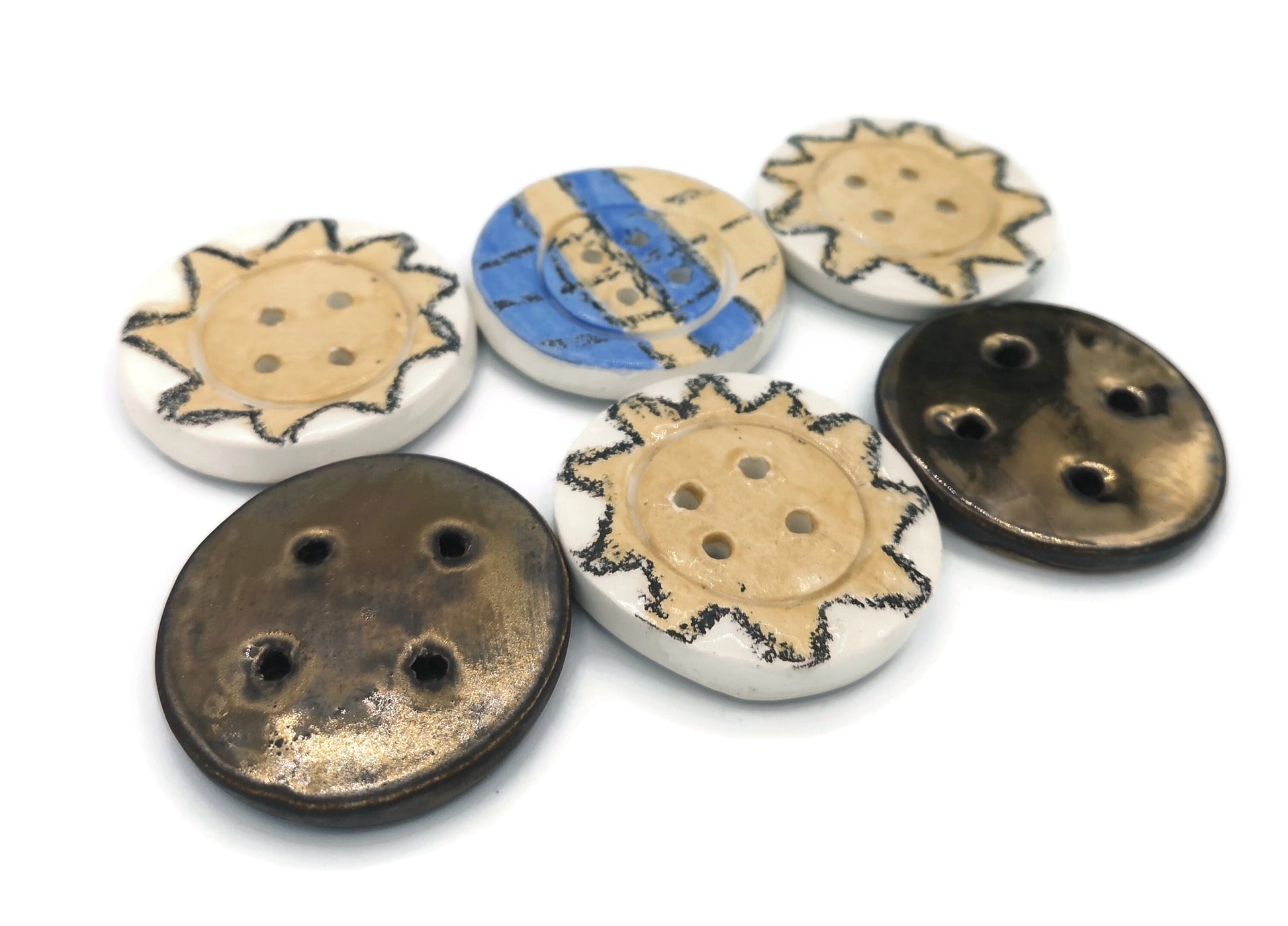 Set Of 6 Hand Painted Flat Buttons, Sun Buttons Sewing Supplies And Notions, Handmade Ceramic Strange And Unusual Metal Buttons - Ceramica Ana Rafael