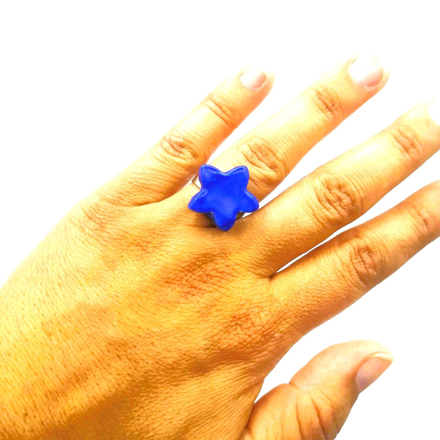 Handmade Ceramic Blue Star Statement Ring For Women, Stainless Steel Adjustable Ring, Porcelain Best 9th Anniversary Gifts For Her - Ceramica Ana Rafael