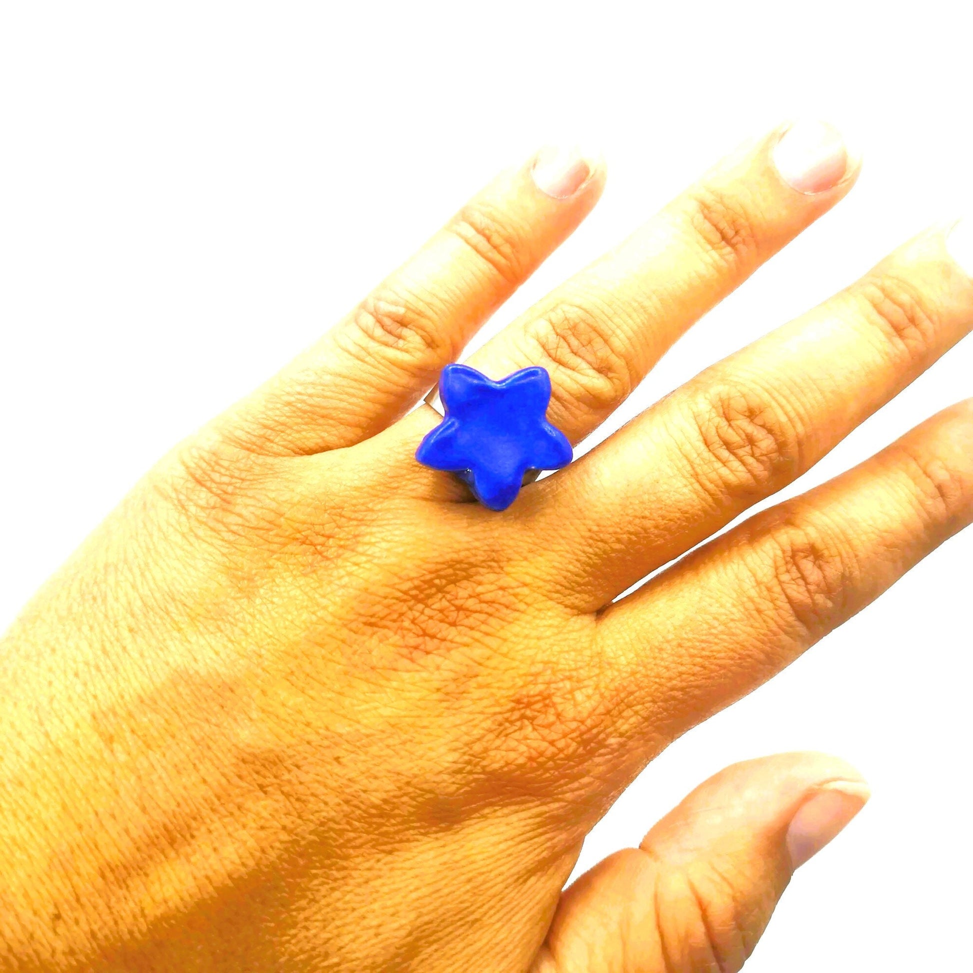 Handmade Ceramic Blue Star Statement Ring For Women, Stainless Steel Adjustable Ring, Porcelain Best 9th Anniversary Gifts For Her - Ceramica Ana Rafael