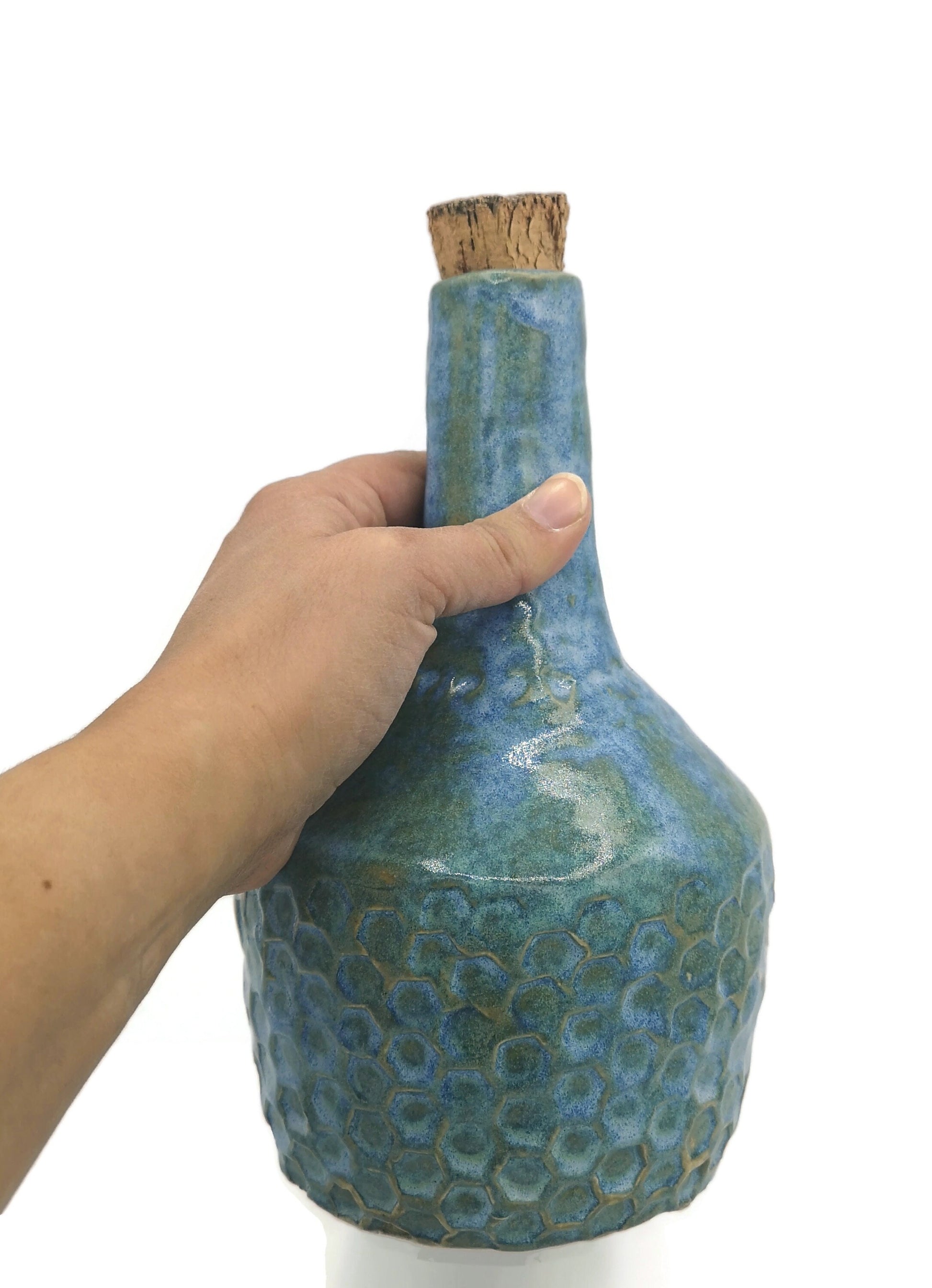Blue Handmade Ceramic Bottle With Decorative Natural Cork Stopper, Sculptural Vase Honneycomb Texture For Rustic Home Decor - Ceramica Ana Rafael