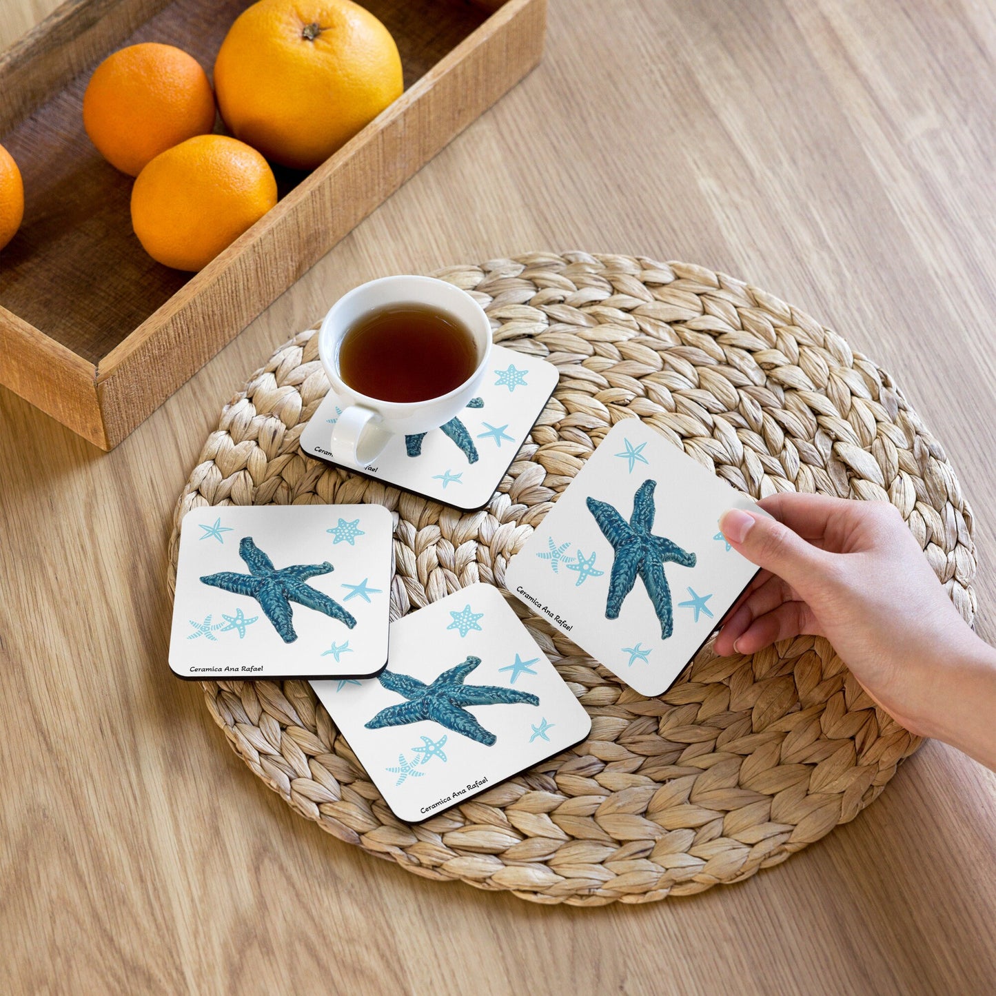 1Pc Blue Starfish MDF Cork-back Coaster With Printed Handmade Ceramic Starfish, Square With Rounded Corners, Office Desk Accessories For Him
