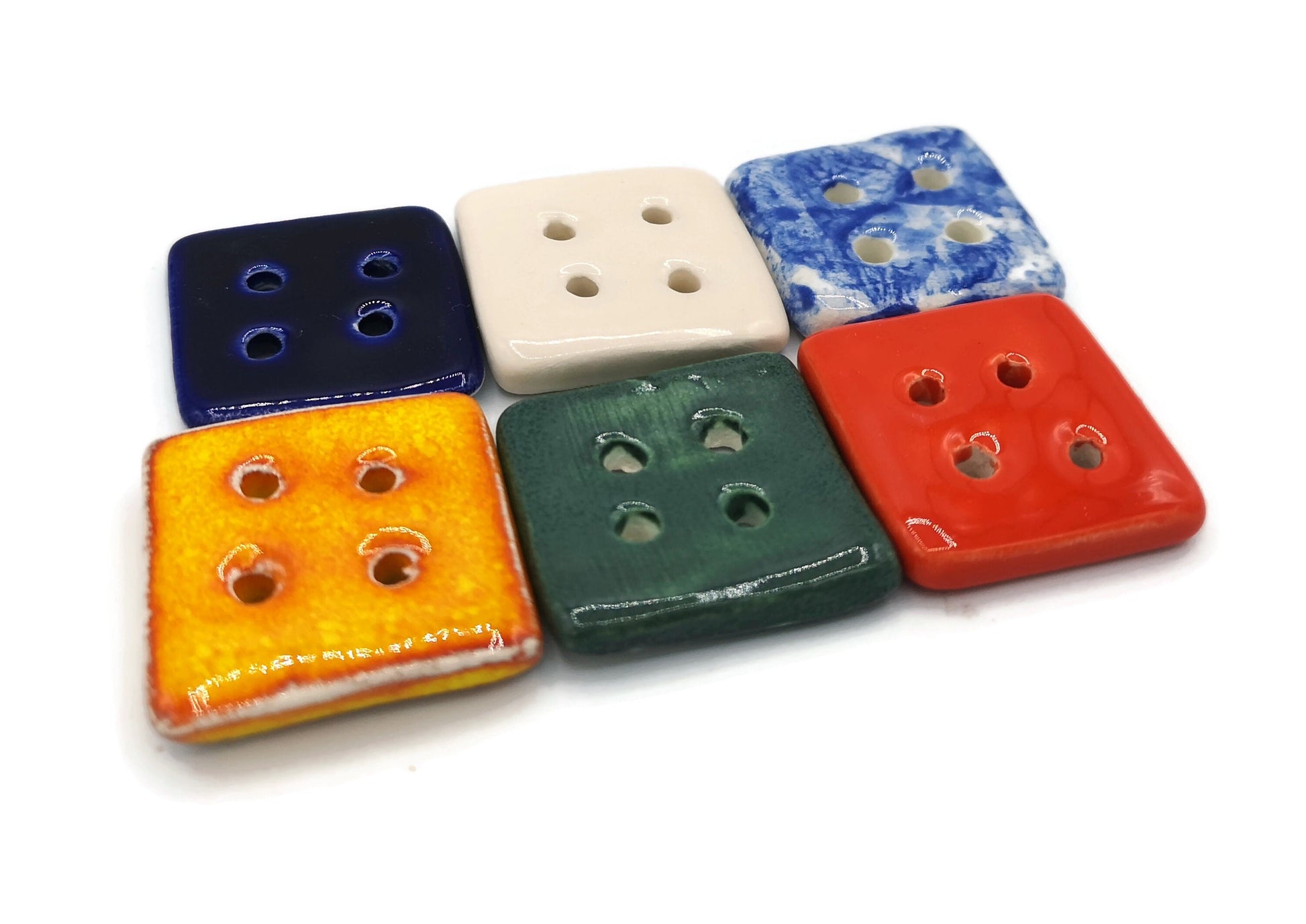 6Pc 30mm Handmade Ceramic Extra Large Sewing Buttons, Novelty Buttons For Crafts, Unusual Square Colourful Buttons For Coat Or Jacket - Ceramica Ana Rafael