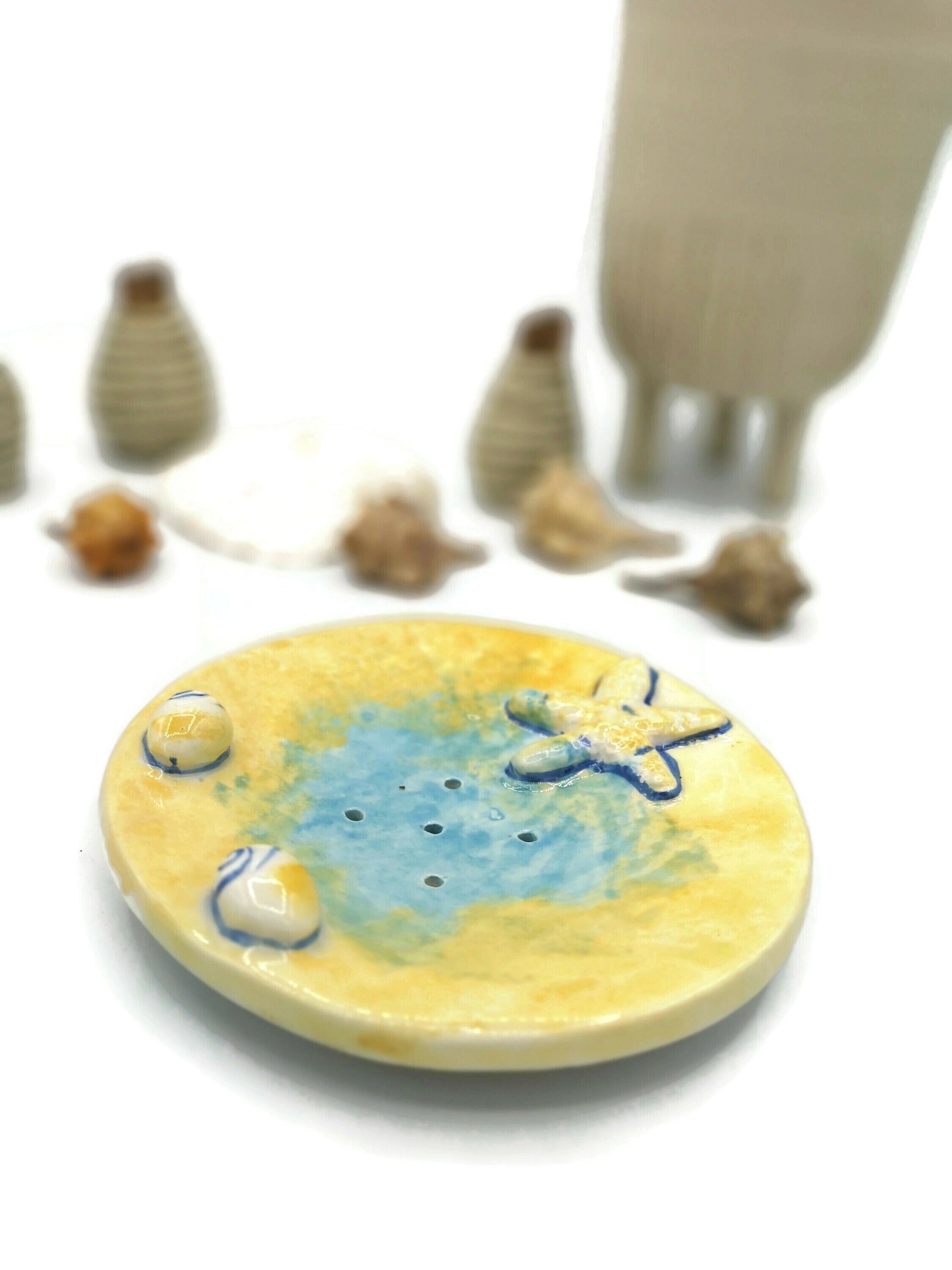 Handmade Ceramic Soap Dish Dispenser For Soap Bar With Drain Holes, Yellow Round Beach Themed Starfish Eco Friendly Bathroom Accessories - Ceramica Ana Rafael