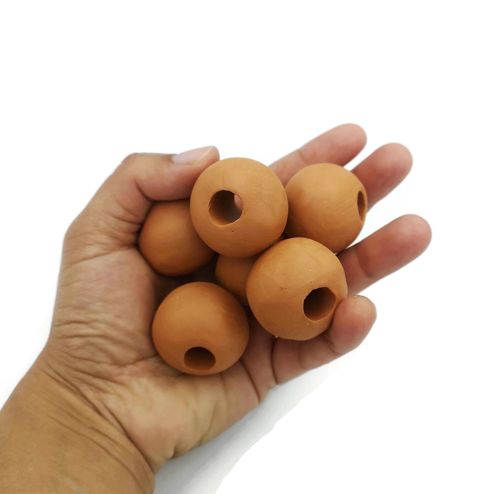 6Pc 30mm Handmade Ceramic Macrame Beads 7mm Large Hole, Clay Beads, Extra Large Beads - Ceramica Ana Rafael